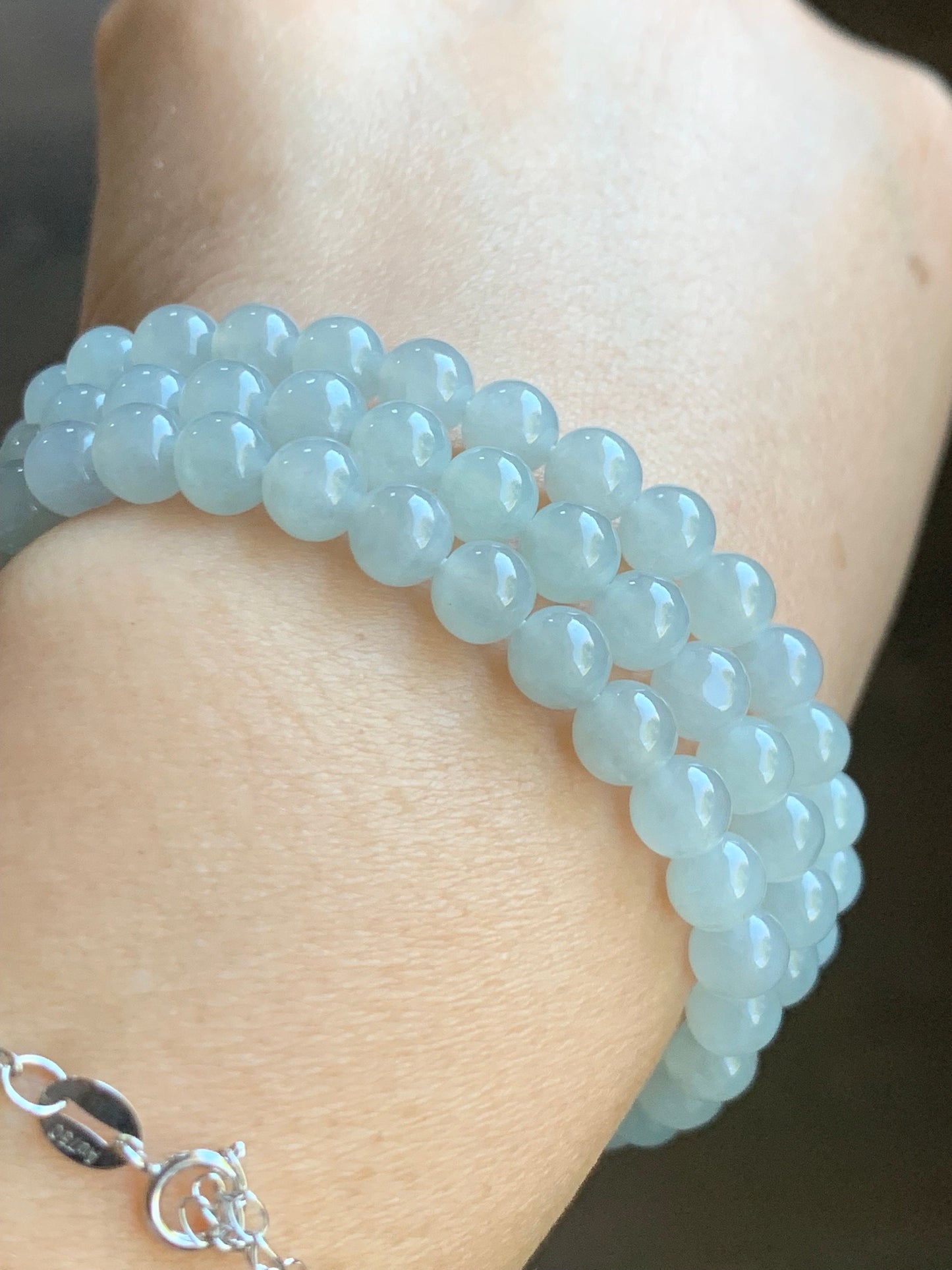 Natural Burmese Icy Translucent Gelatinous Light Blue Jadeite Round Beads Beaded Necklace 6mm 26” 42g 天然缅甸冰胶淡蓝底翡翠圆珠长串项链 DLM221