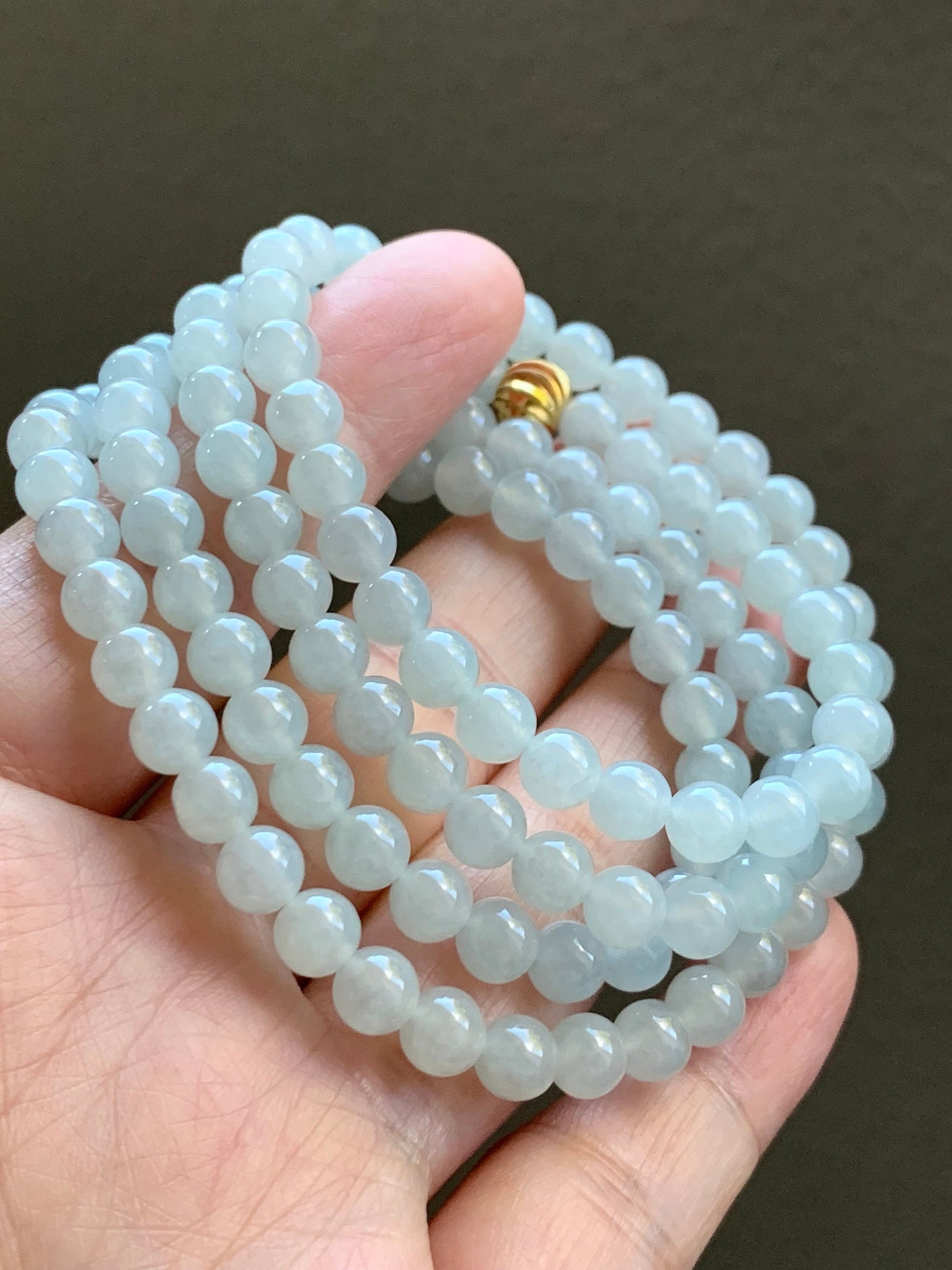 Natural Burmese Icy Translucent Gelatinous Light Blue Jadeite Round Beads Beaded Necklace 6mm 26” 42g 天然缅甸冰胶淡蓝底翡翠圆珠长串项链 DLM221