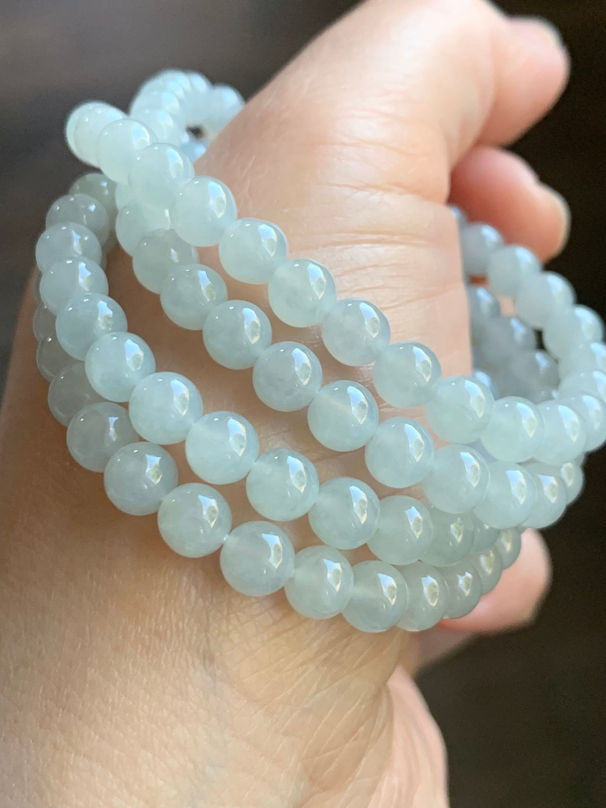 Natural Burmese Icy Translucent Gelatinous Light Blue Jadeite Round Beads Beaded Necklace 6mm 26” 42g 天然缅甸冰胶淡蓝底翡翠圆珠长串项链 DLM221