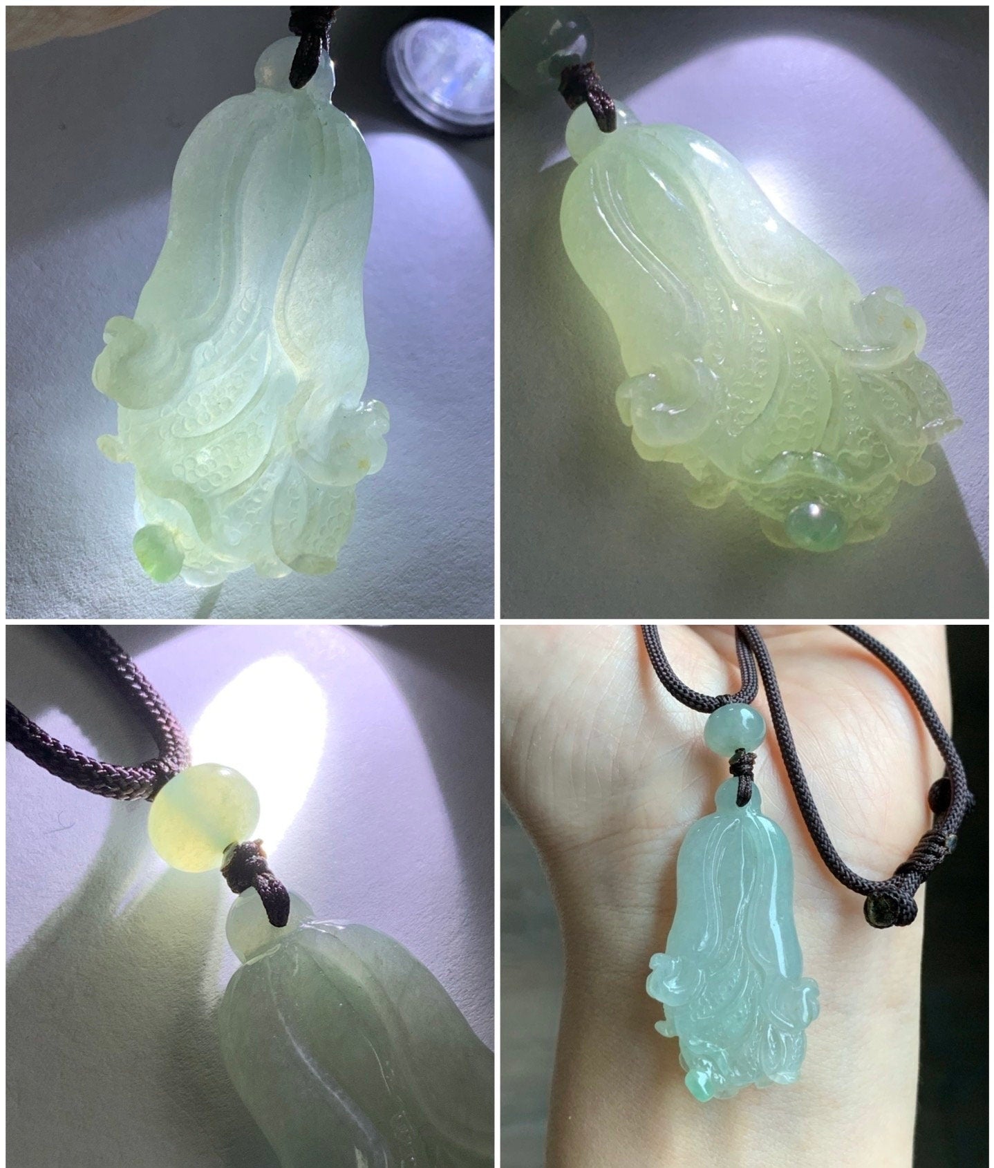 Natural Burmese Icy Translucent Gelatinous Light Green Jadeite w/ Green Marbling Cabbage Pendant Rope Necklace Adjustable 天然缅甸冰胶晴色翡翠白菜百财吊坠