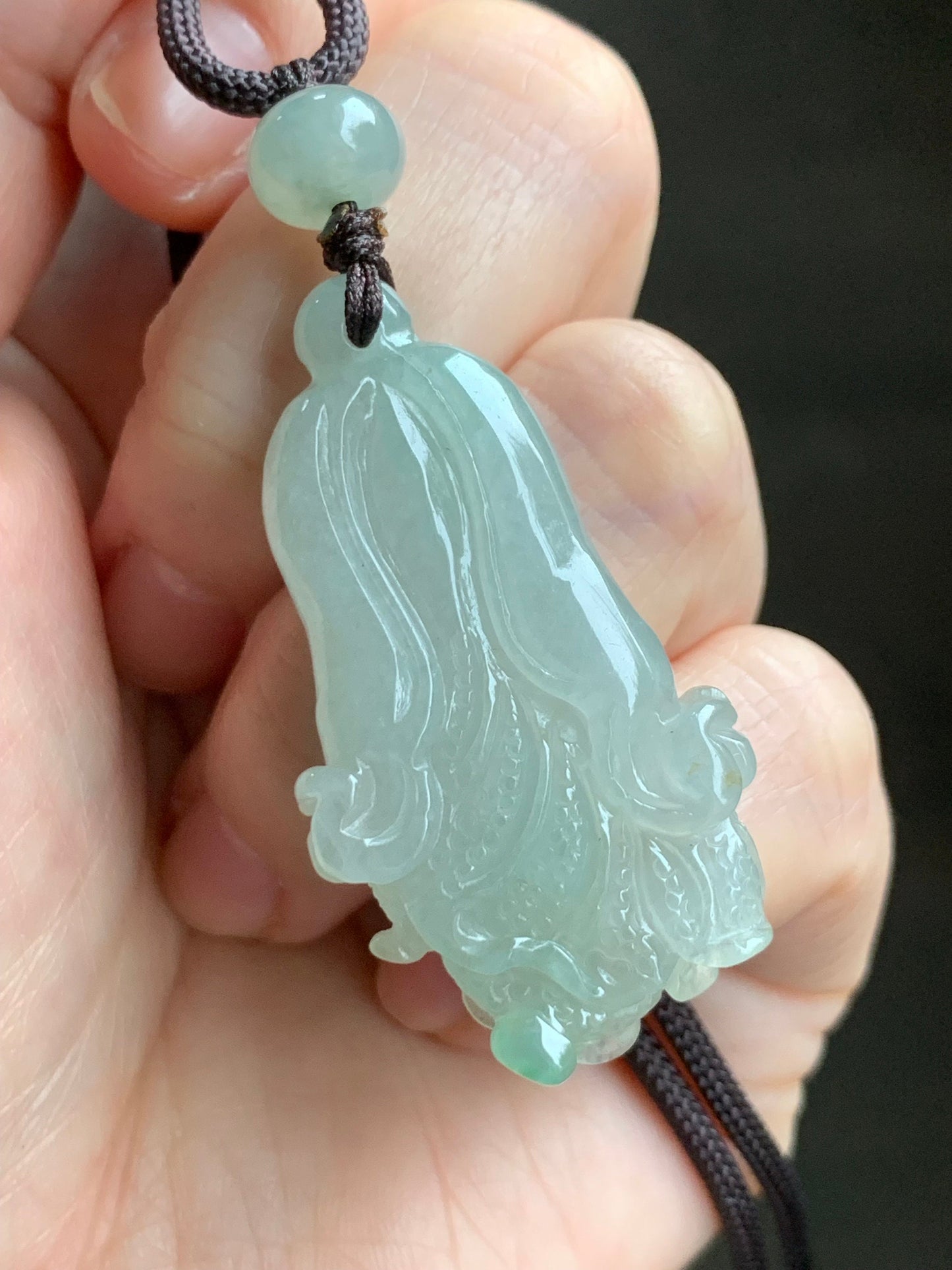 Natural Burmese Icy Translucent Gelatinous Light Green Jadeite w/ Green Marbling Cabbage Pendant Rope Necklace Adjustable 天然缅甸冰胶晴色翡翠白菜百财吊坠