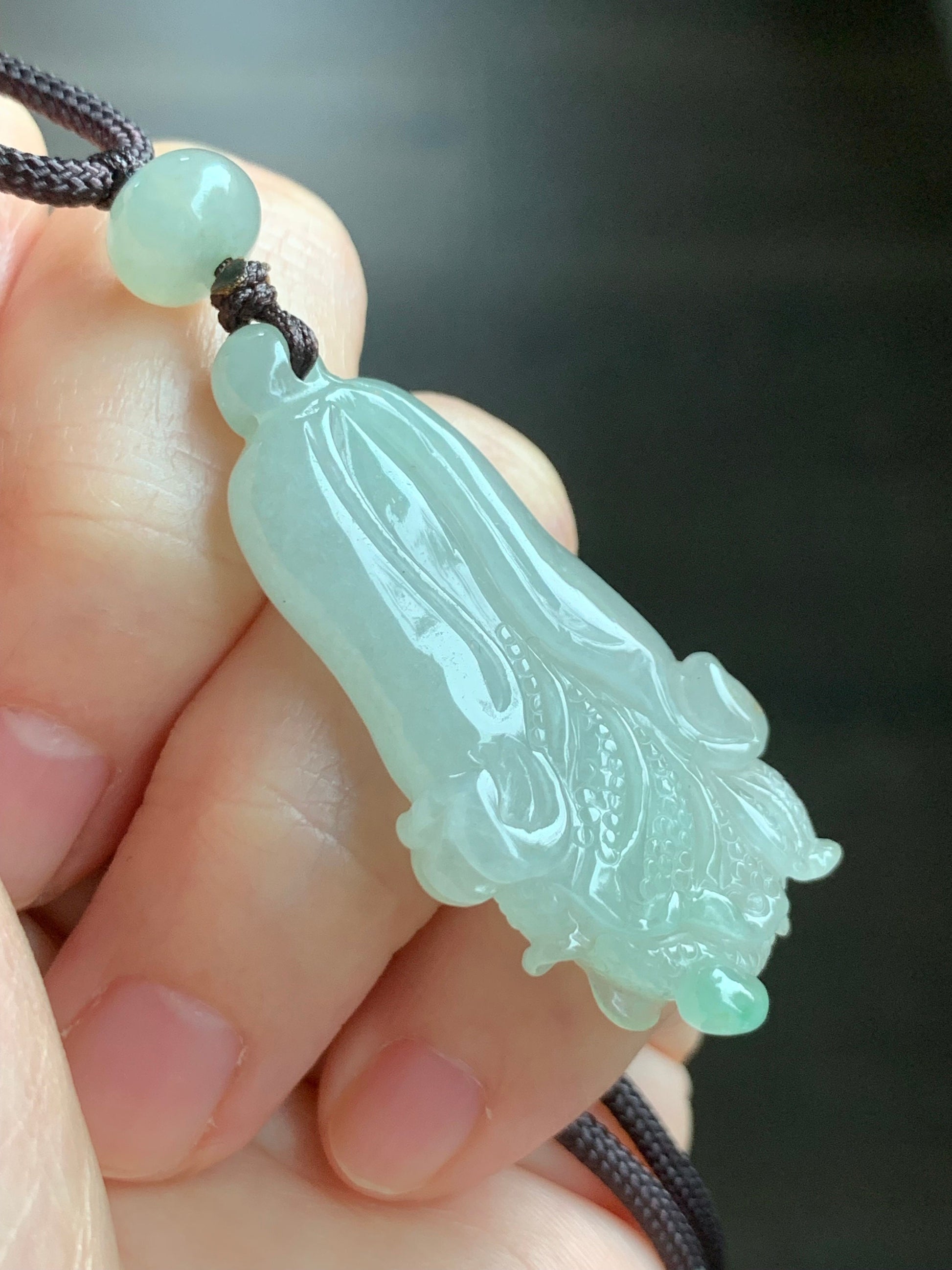 Natural Burmese Icy Translucent Gelatinous Light Green Jadeite w/ Green Marbling Cabbage Pendant Rope Necklace Adjustable 天然缅甸冰胶晴色翡翠白菜百财吊坠