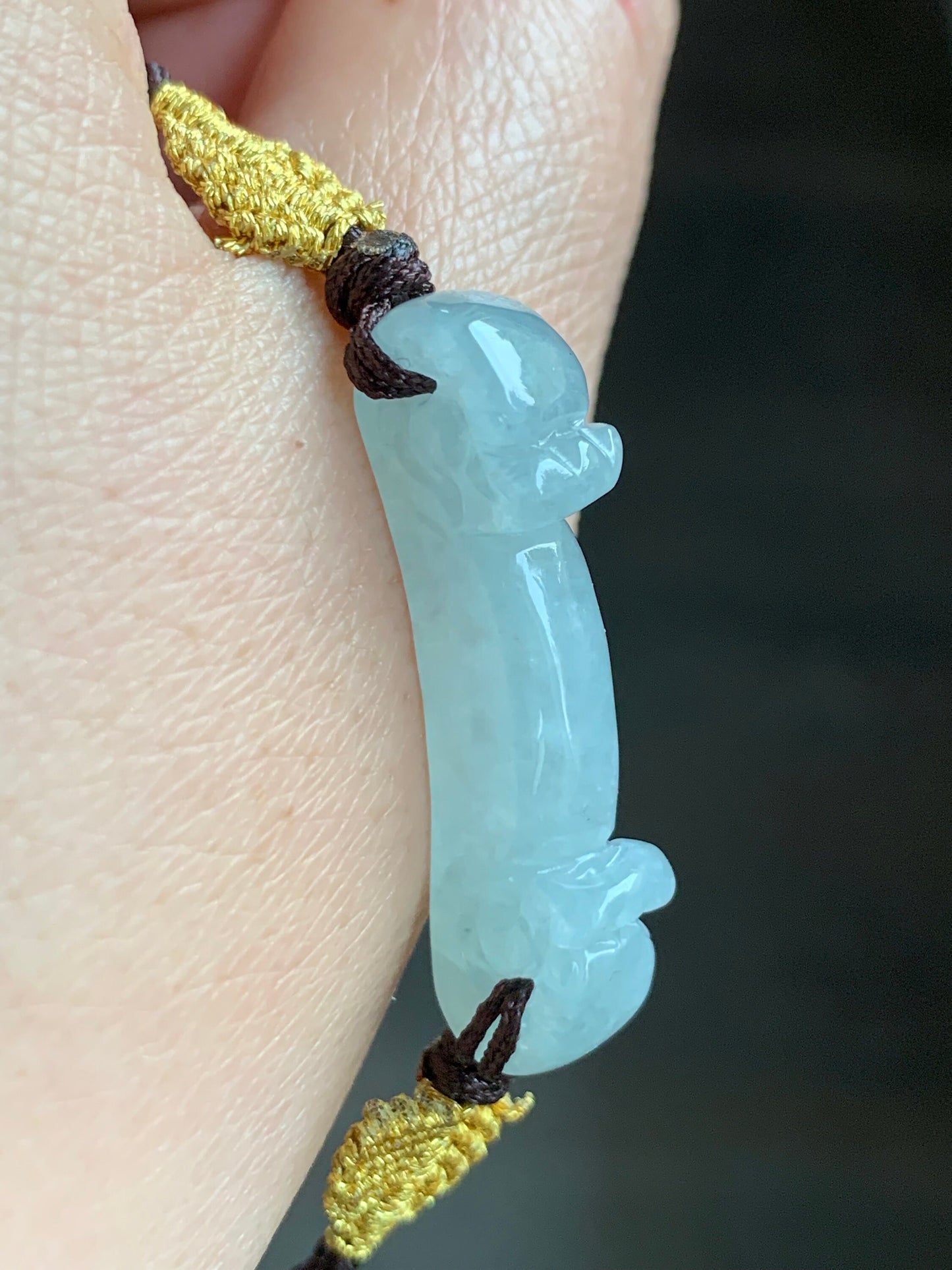 Natural Burmese Icy Translucent Light Green Jadeite Carved Dragon Hook Rope Braided Bracelet Adjustable 6"-9" 天然缅甸白冰晴底翡翠龙钩手绳