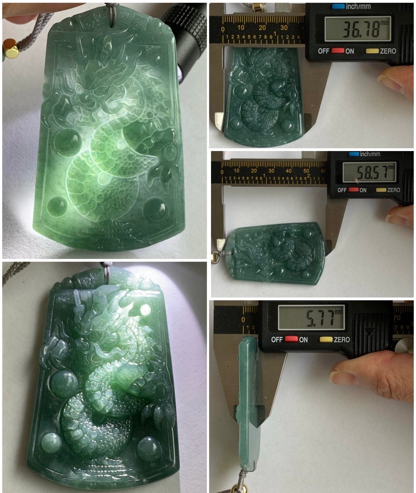 Natural Guatemalan Icy Translucent Dark Teal Green Jadeite Carved Dragon Pendant Rope Necklace 28" Adjustable 32g 天然冰危蓝绿翡翠龙牌吊坠