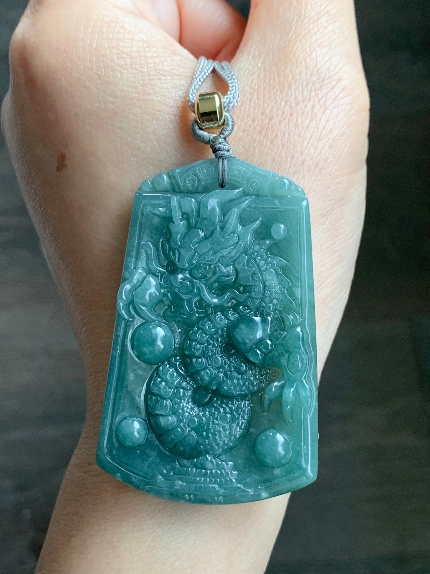 Natural Guatemalan Icy Translucent Dark Teal Green Jadeite Carved Dragon Pendant Rope Necklace 28" Adjustable 32g 天然冰危蓝绿翡翠龙牌吊坠