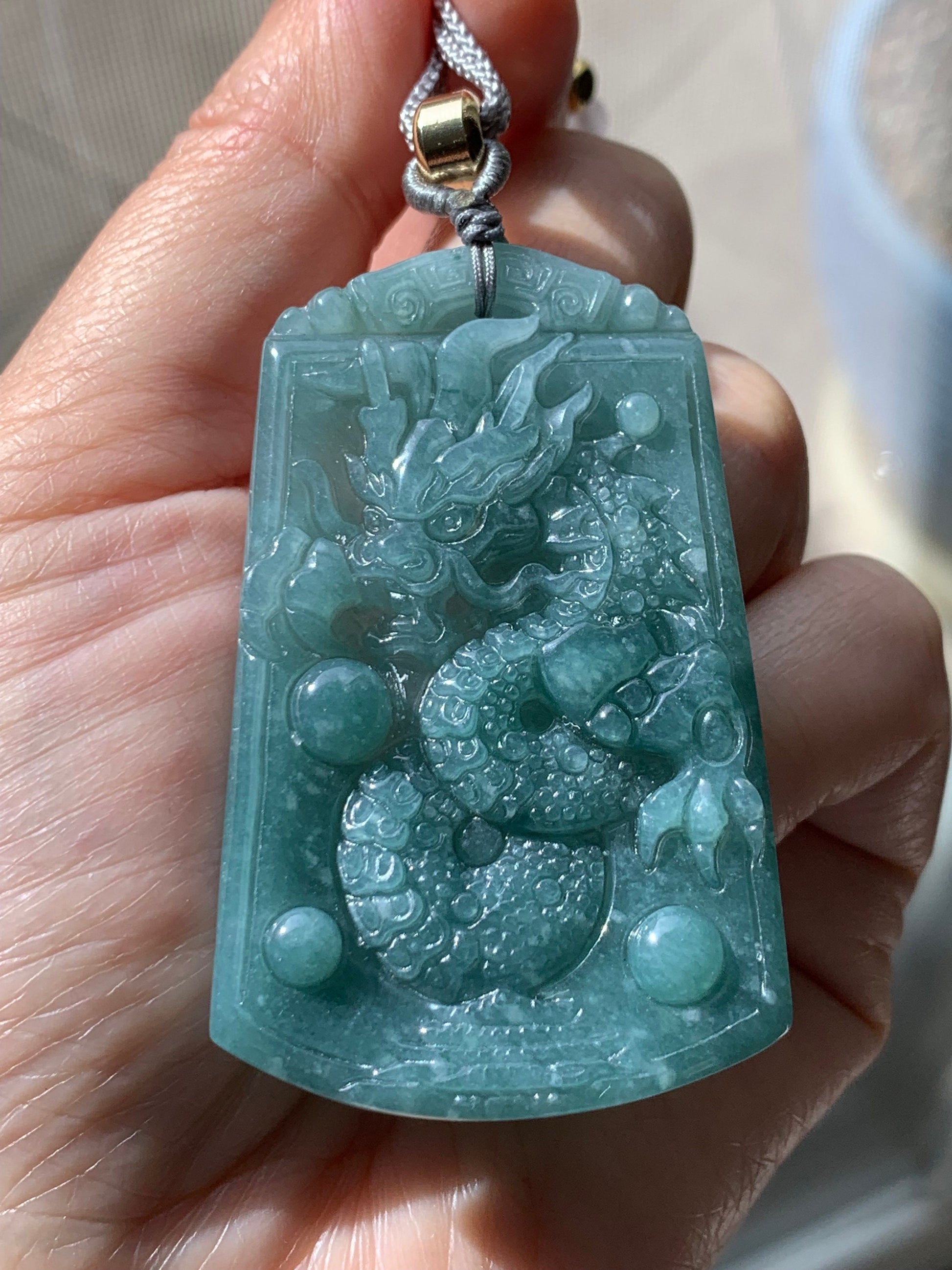 Natural Guatemalan Icy Translucent Dark Teal Green Jadeite Carved Dragon Pendant Rope Necklace 28" Adjustable 32g 天然冰危蓝绿翡翠龙牌吊坠