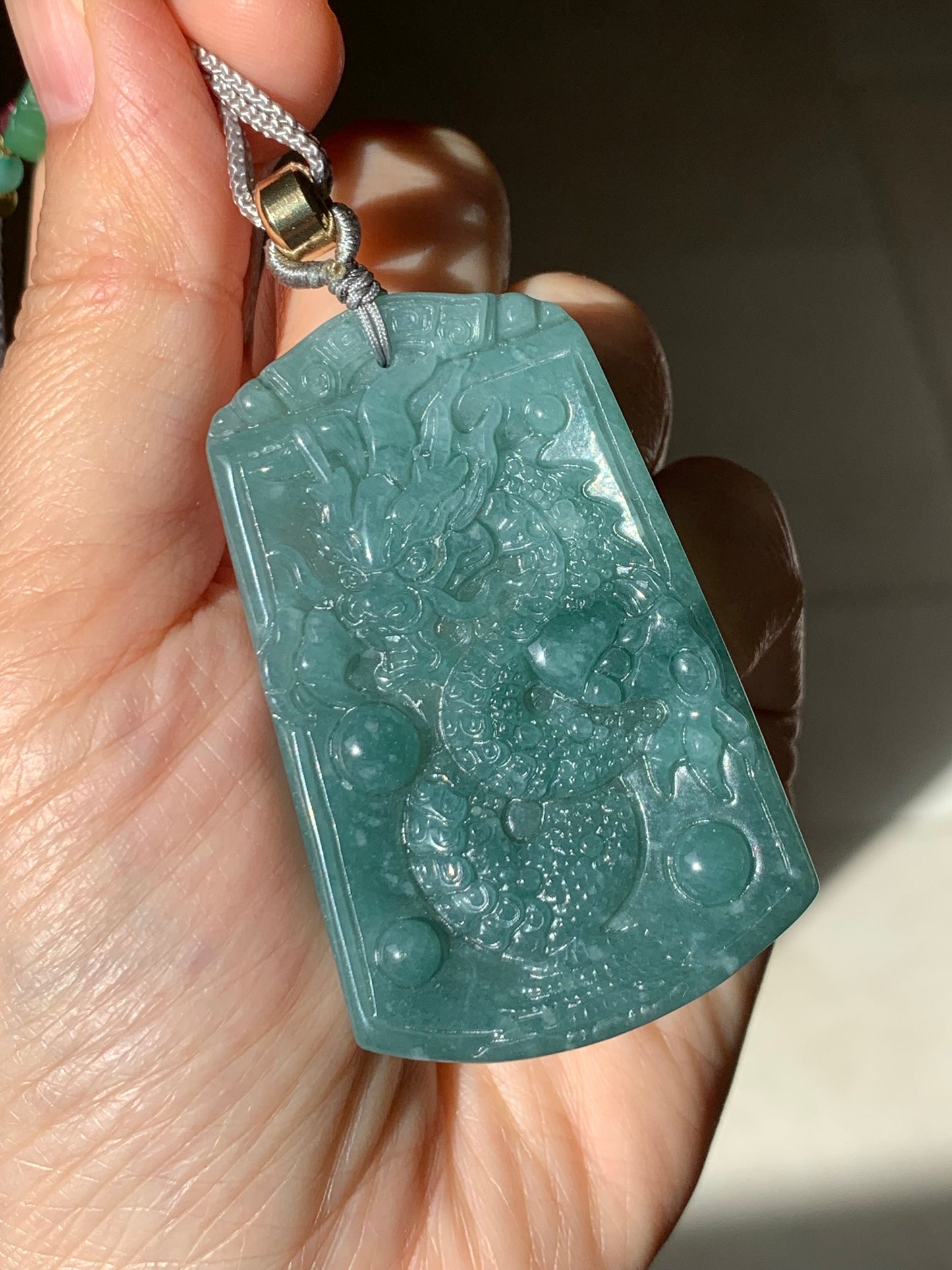 Natural Guatemalan Icy Translucent Dark Teal Green Jadeite Carved Dragon Pendant Rope Necklace 28" Adjustable 32g 天然冰危蓝绿翡翠龙牌吊坠