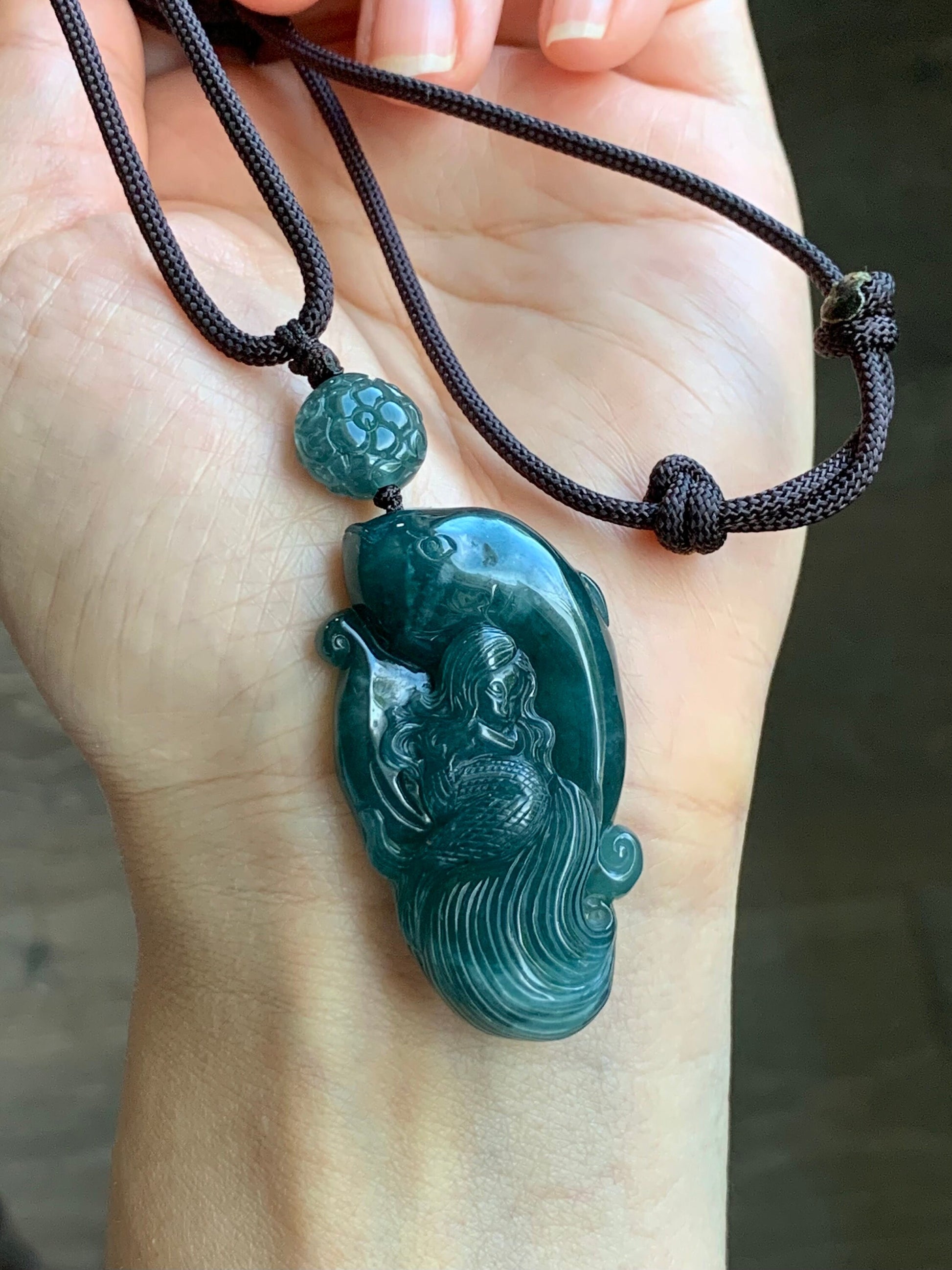 Large Natural Guatemalan Icy Translucent Dark Teal Blue Jadeite Mermaid & Dolphin Carved Pendant Rope Necklace 29” 21g 天然冰危深蓝水翡翠海豚与美人鱼吊坠挂件