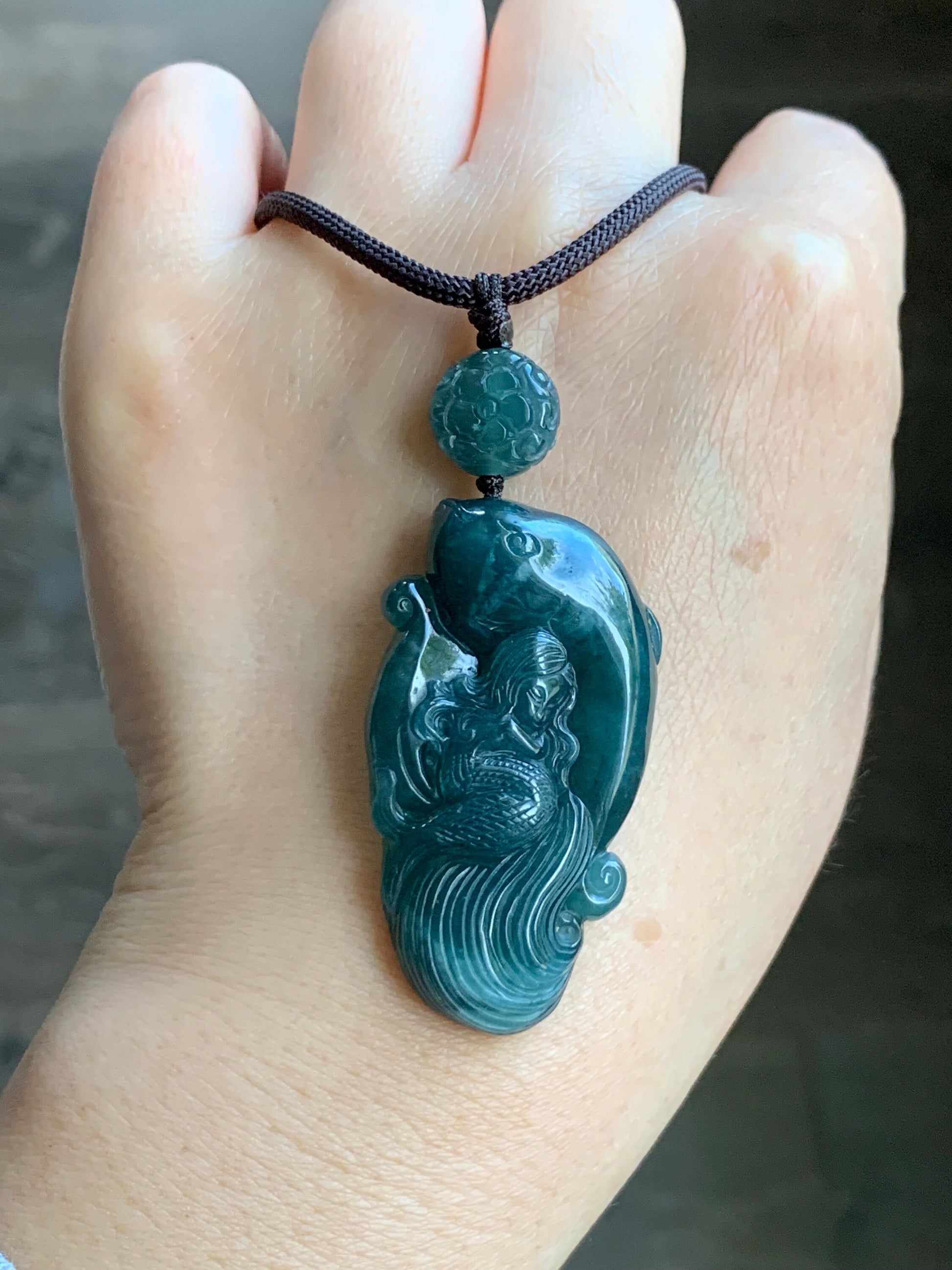 Large Natural Guatemalan Icy Translucent Dark Teal Blue Jadeite Mermaid & Dolphin Carved Pendant Rope Necklace 29” 21g 天然冰危深蓝水翡翠海豚与美人鱼吊坠挂件