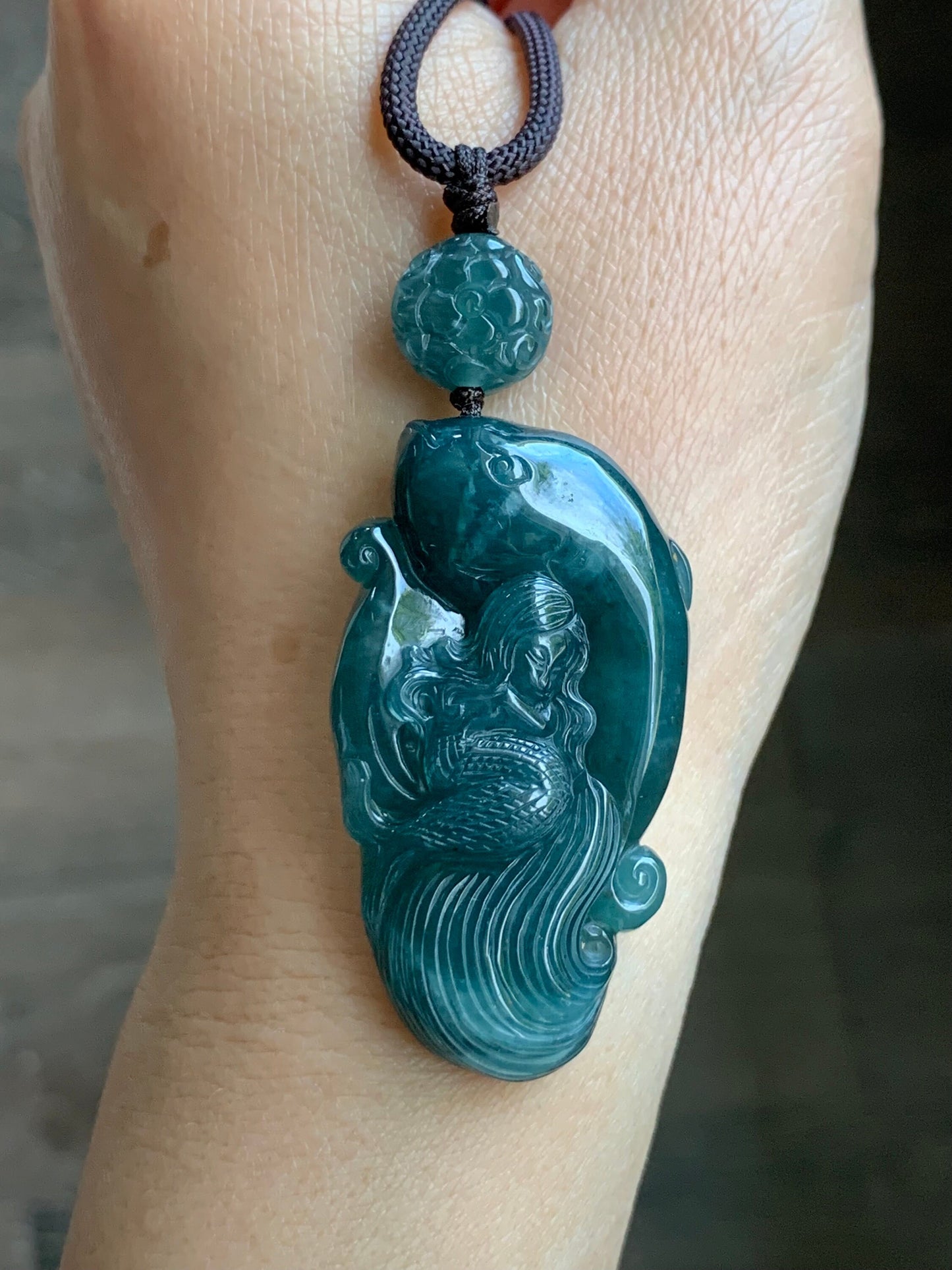 Large Natural Guatemalan Icy Translucent Dark Teal Blue Jadeite Mermaid & Dolphin Carved Pendant Rope Necklace 29” 21g 天然冰危深蓝水翡翠海豚与美人鱼吊坠挂件