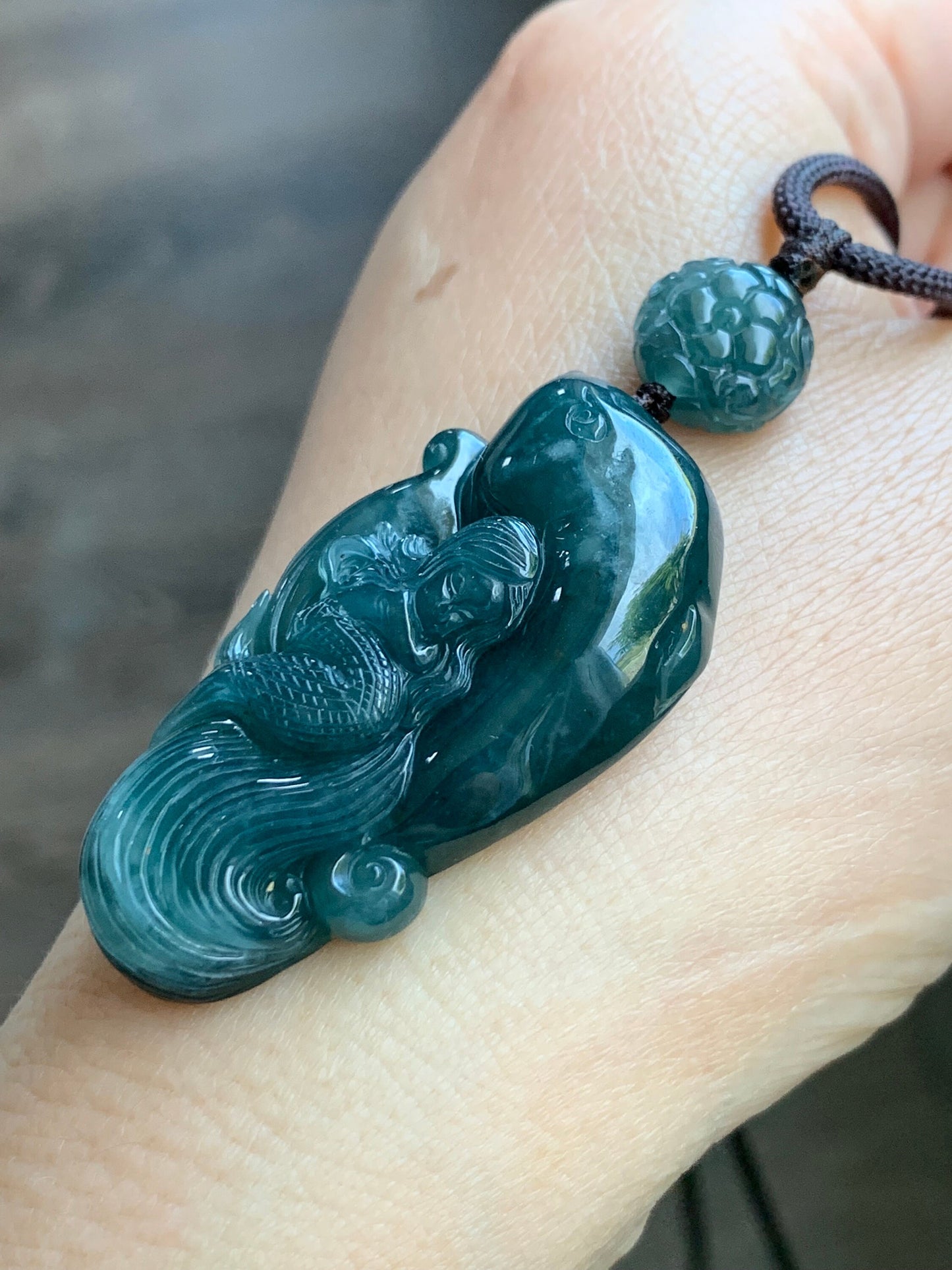 Large Natural Guatemalan Icy Translucent Dark Teal Blue Jadeite Mermaid & Dolphin Carved Pendant Rope Necklace 29” 21g 天然冰危深蓝水翡翠海豚与美人鱼吊坠挂件