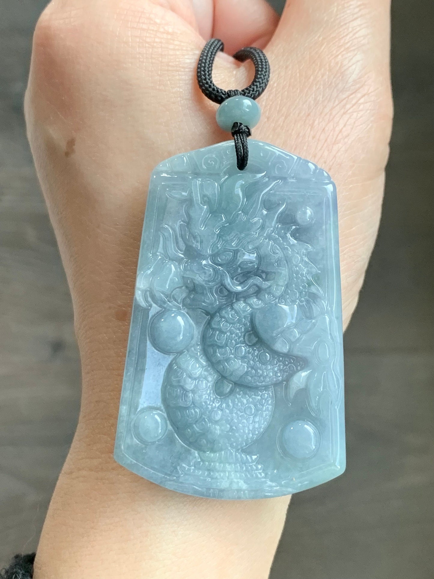 Certified Natural Guatemalan Icy Translucent Light Dusty Blue Jadeite Carved Dragon Pendant Rope Necklace 33" Adjustable 天然冰危蓝紫翡翠龙牌吊坠 3272