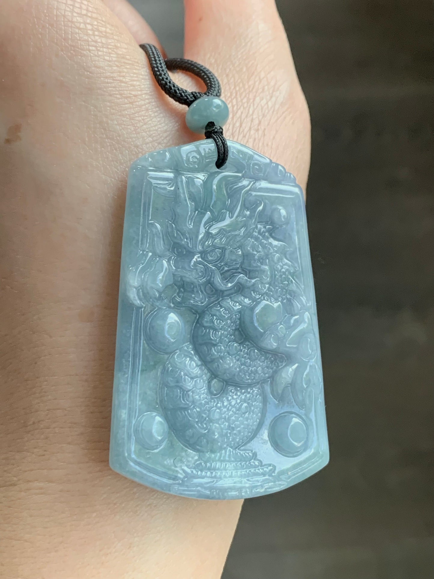 Certified Natural Guatemalan Icy Translucent Light Dusty Blue Jadeite Carved Dragon Pendant Rope Necklace 33" Adjustable 天然冰危蓝紫翡翠龙牌吊坠 3272