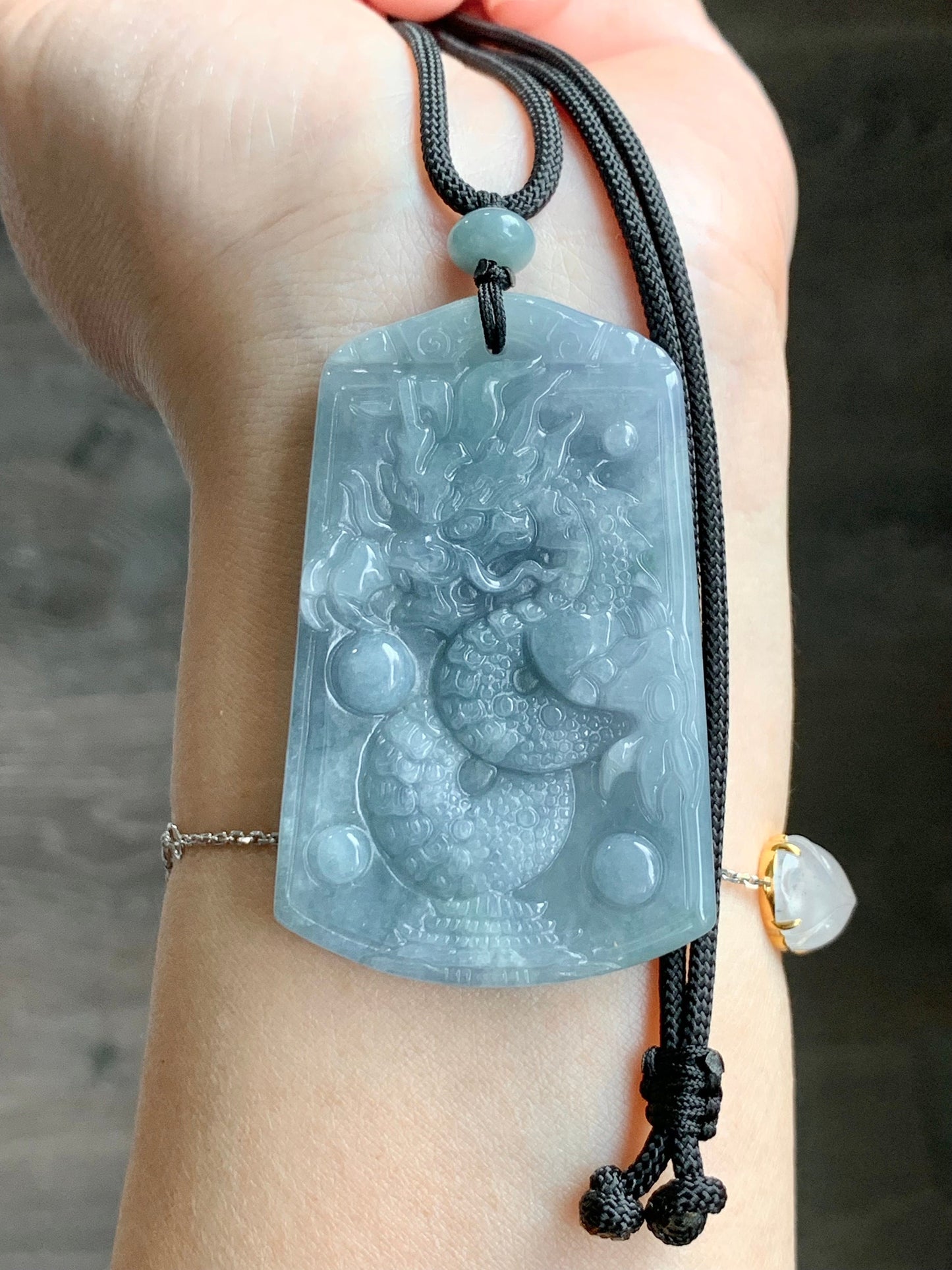 Certified Natural Guatemalan Icy Translucent Light Dusty Blue Jadeite Carved Dragon Pendant Rope Necklace 33" Adjustable 天然冰危蓝紫翡翠龙牌吊坠 3272