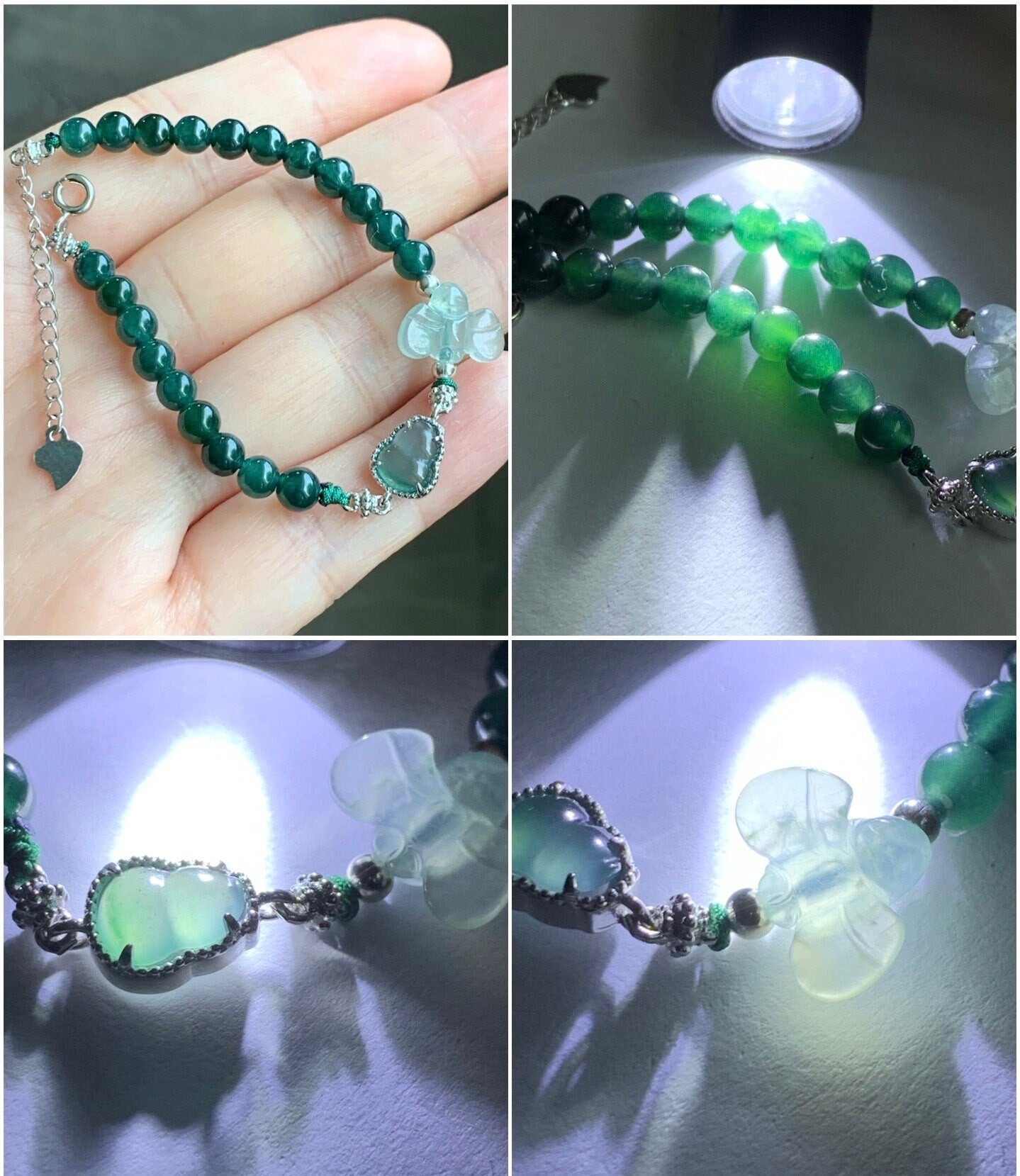 Natural Burmese Premium Icy Jadeite Honeybee Guatemalan Jadeite Gourd Hulu Beaded Bracelet 5.75”-7” Sterling Silver 天然冰危翡翠葫芦深绿珠缅甸翡翠蜜蜂银手链