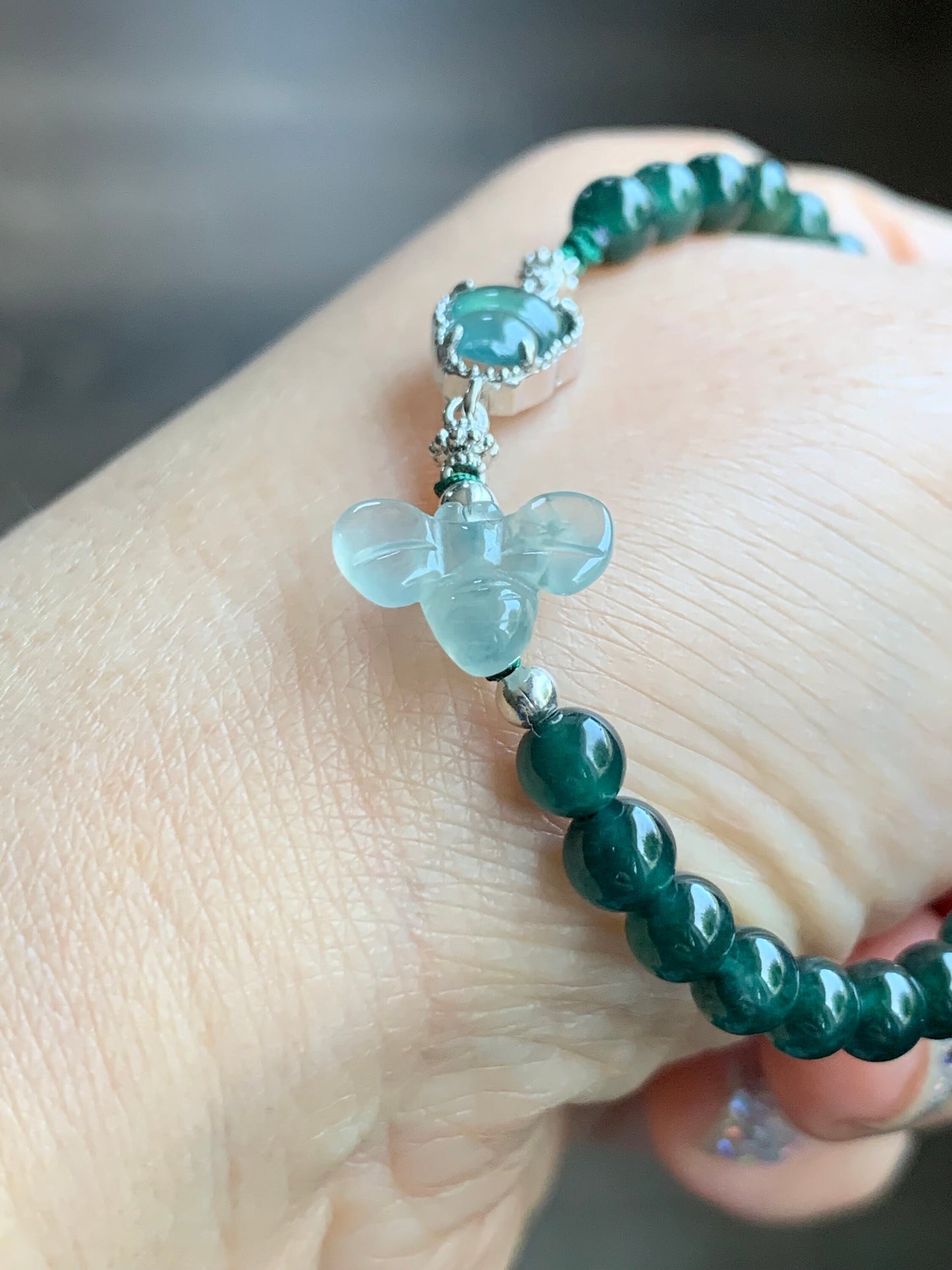 Natural Burmese Premium Icy Jadeite Honeybee Guatemalan Jadeite Gourd Hulu Beaded Bracelet 5.75”-7” Sterling Silver 天然冰危翡翠葫芦深绿珠缅甸翡翠蜜蜂银手链