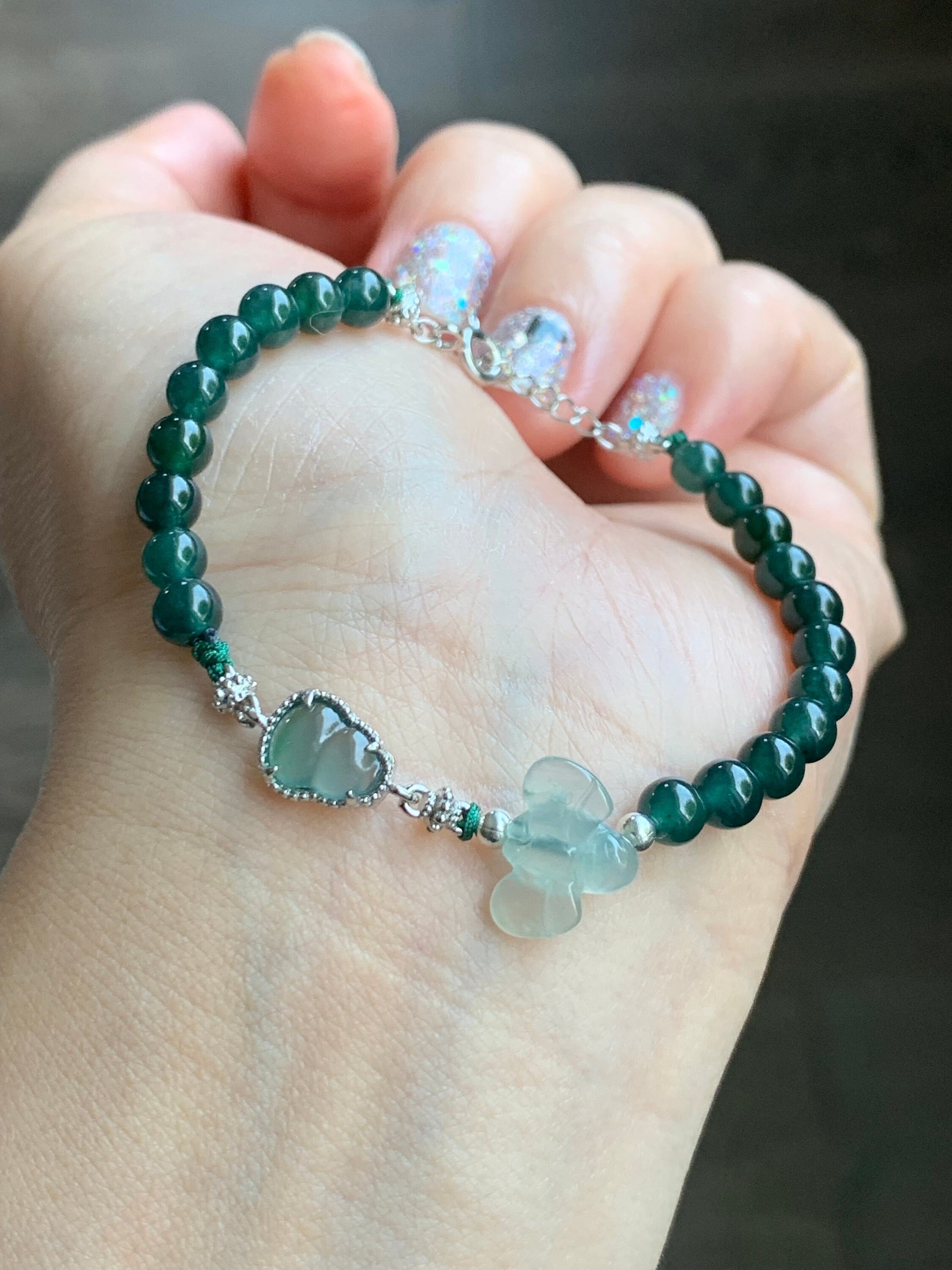 Natural Burmese Premium Icy Jadeite Honeybee Guatemalan Jadeite Gourd Hulu Beaded Bracelet 5.75”-7” Sterling Silver 天然冰危翡翠葫芦深绿珠缅甸翡翠蜜蜂银手链