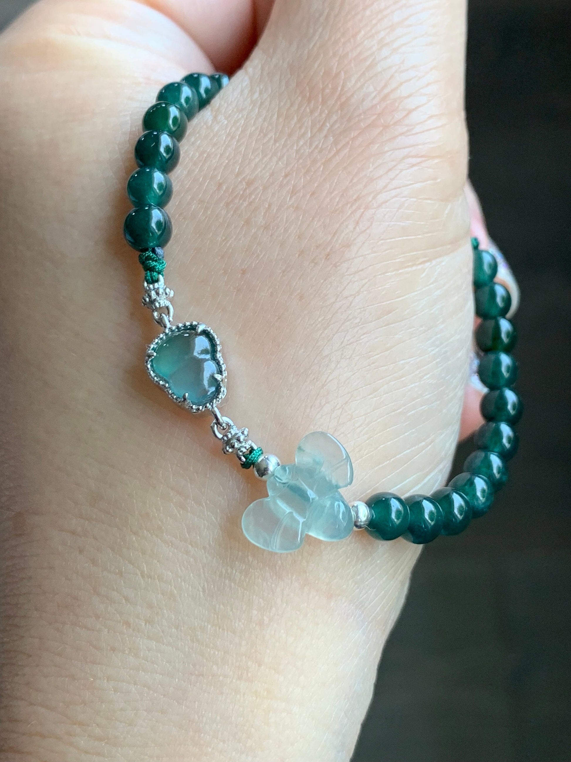 Natural Burmese Premium Icy Jadeite Honeybee Guatemalan Jadeite Gourd Hulu Beaded Bracelet 5.75”-7” Sterling Silver 天然冰危翡翠葫芦深绿珠缅甸翡翠蜜蜂银手链