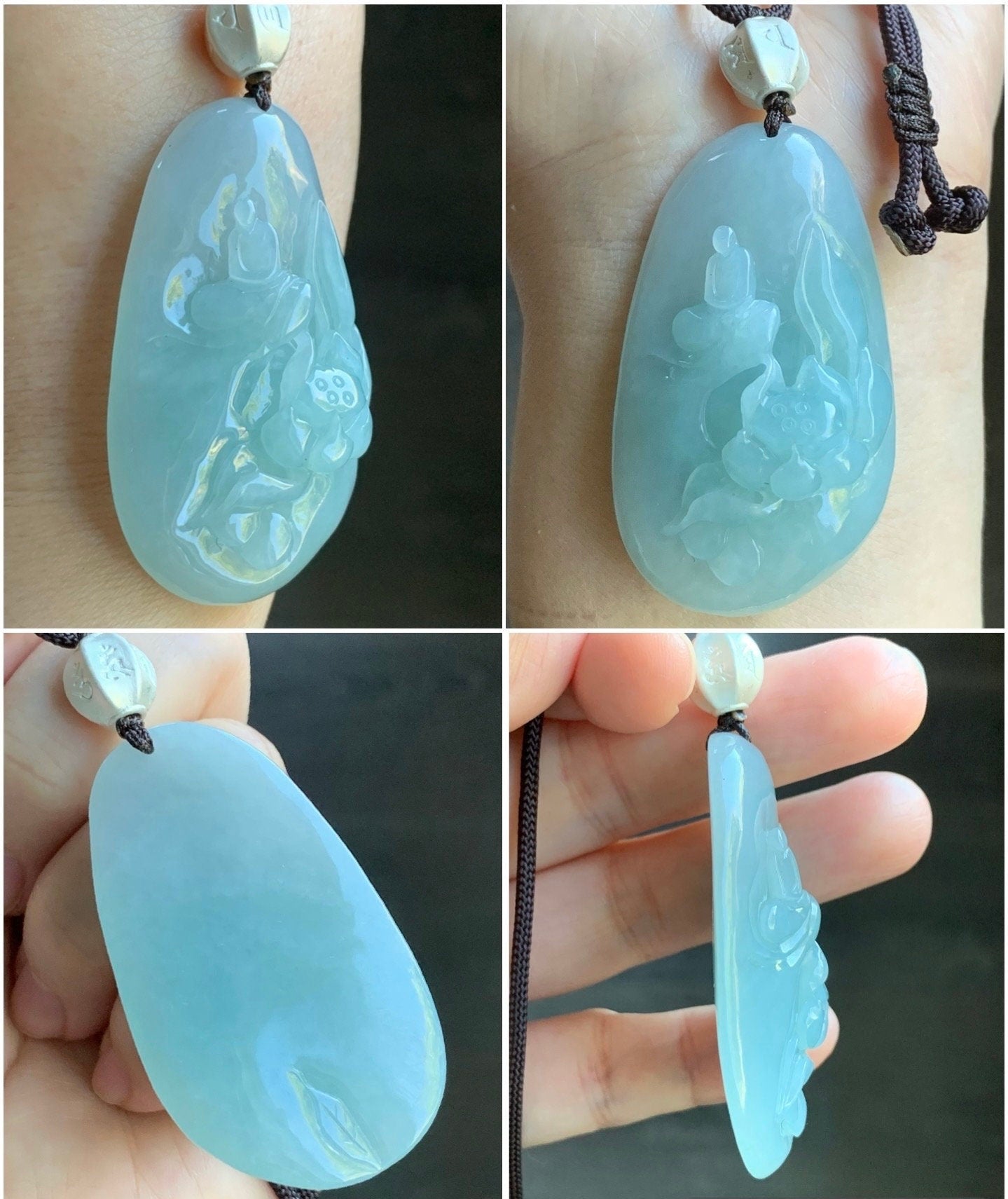 Natural Burmese Icy Translucent Light Blue Jadeite Wu Dao Lotus Flower Enlightenment Pendant Necklace Sterling Silver 33g 天然缅甸冰胶淡蓝翡翠莲花悟道足银吊坠