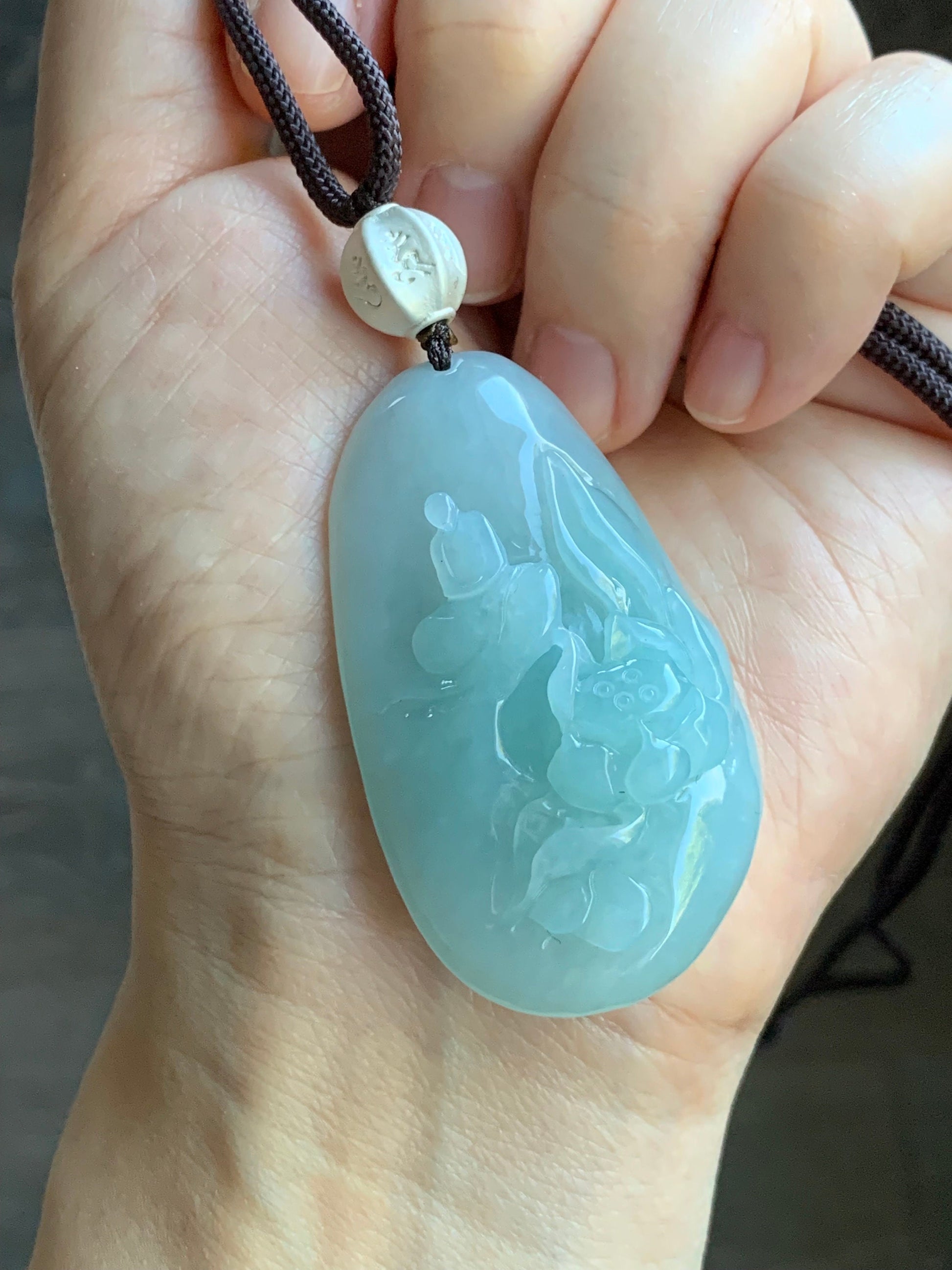 Natural Burmese Icy Translucent Light Blue Jadeite Wu Dao Lotus Flower Enlightenment Pendant Necklace Sterling Silver 33g 天然缅甸冰胶淡蓝翡翠莲花悟道足银吊坠