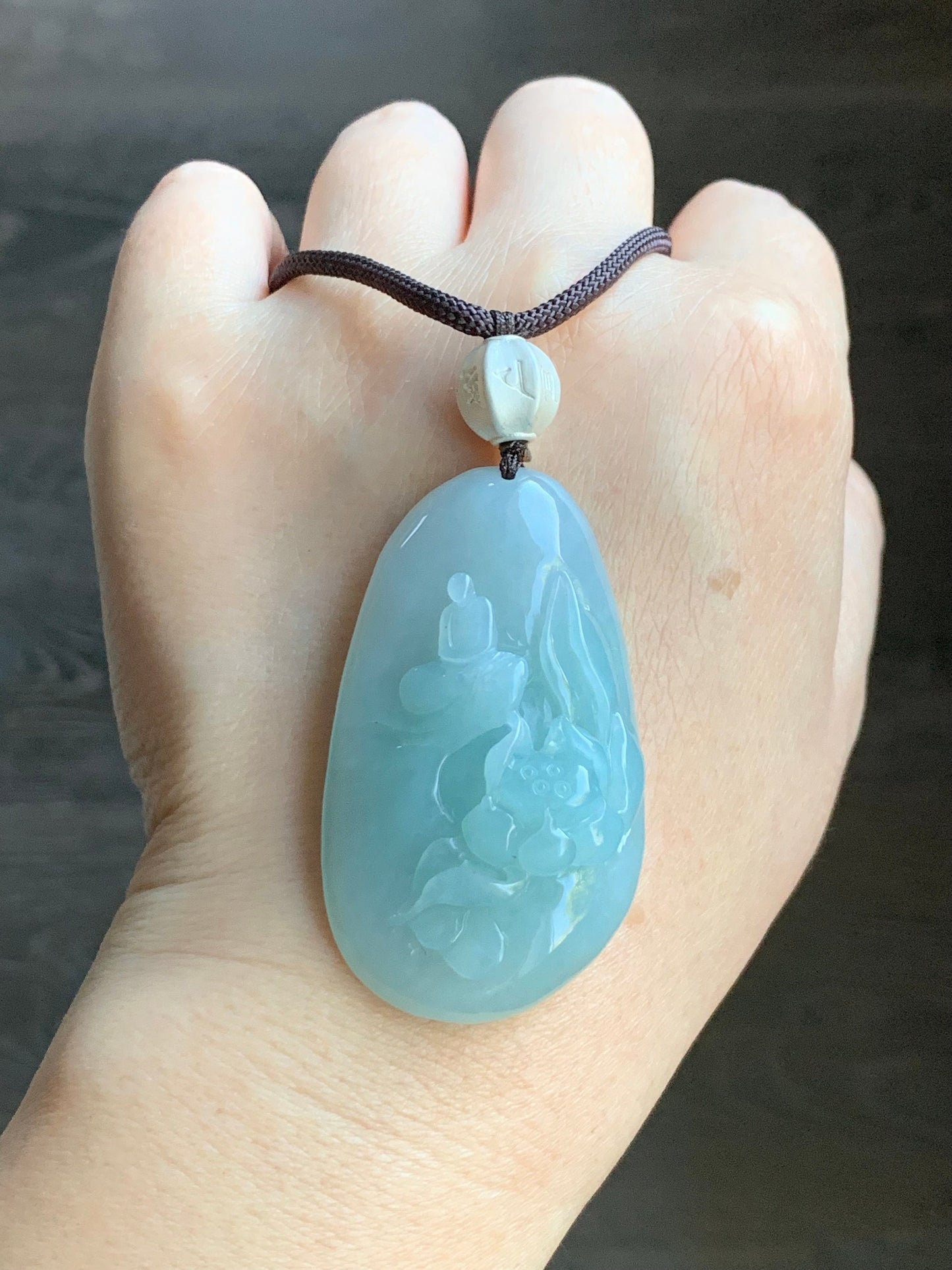 Natural Burmese Icy Translucent Light Blue Jadeite Wu Dao Lotus Flower Enlightenment Pendant Necklace Sterling Silver 33g 天然缅甸冰胶淡蓝翡翠莲花悟道足银吊坠