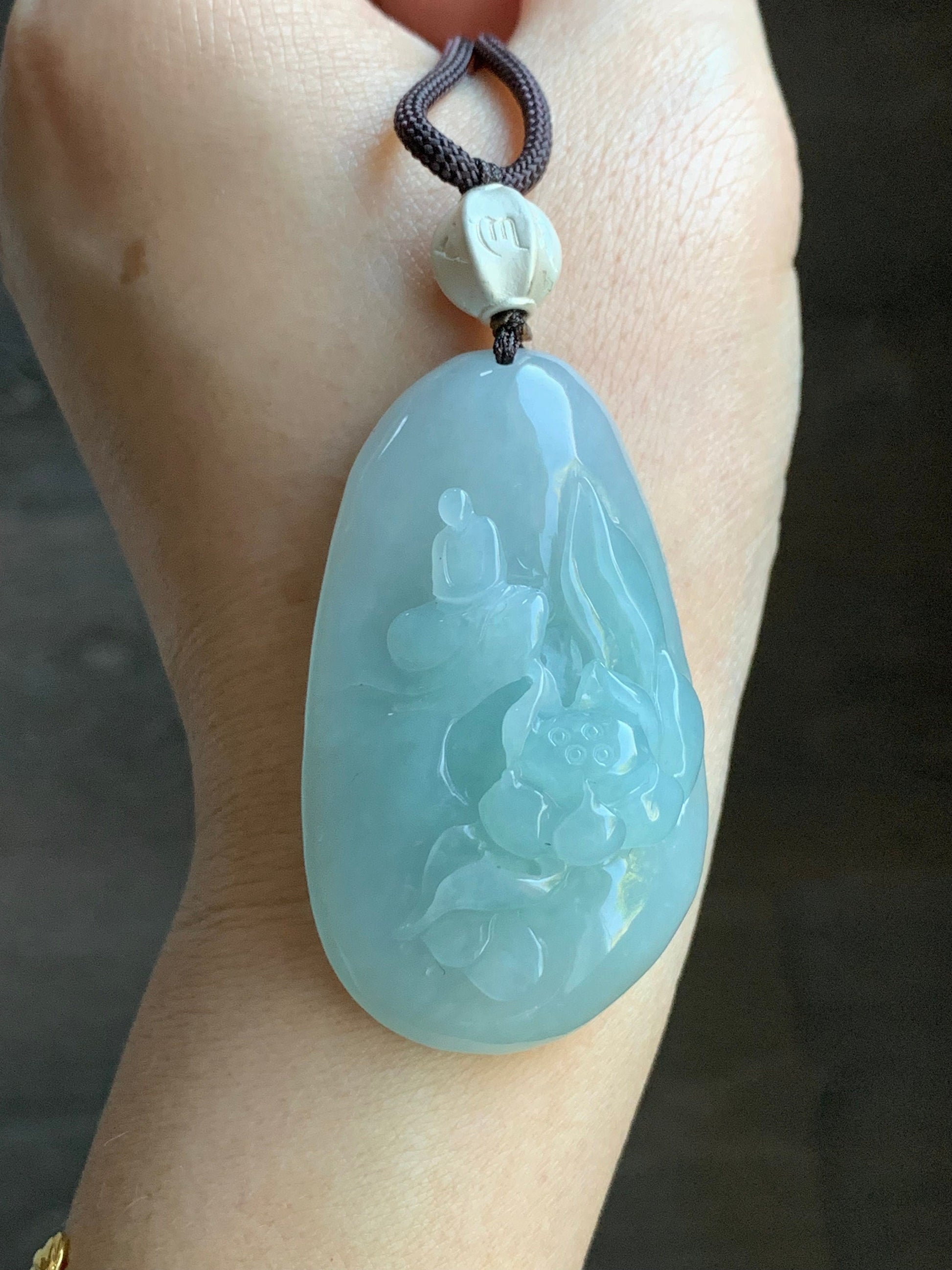 Natural Burmese Icy Translucent Light Blue Jadeite Wu Dao Lotus Flower Enlightenment Pendant Necklace Sterling Silver 33g 天然缅甸冰胶淡蓝翡翠莲花悟道足银吊坠