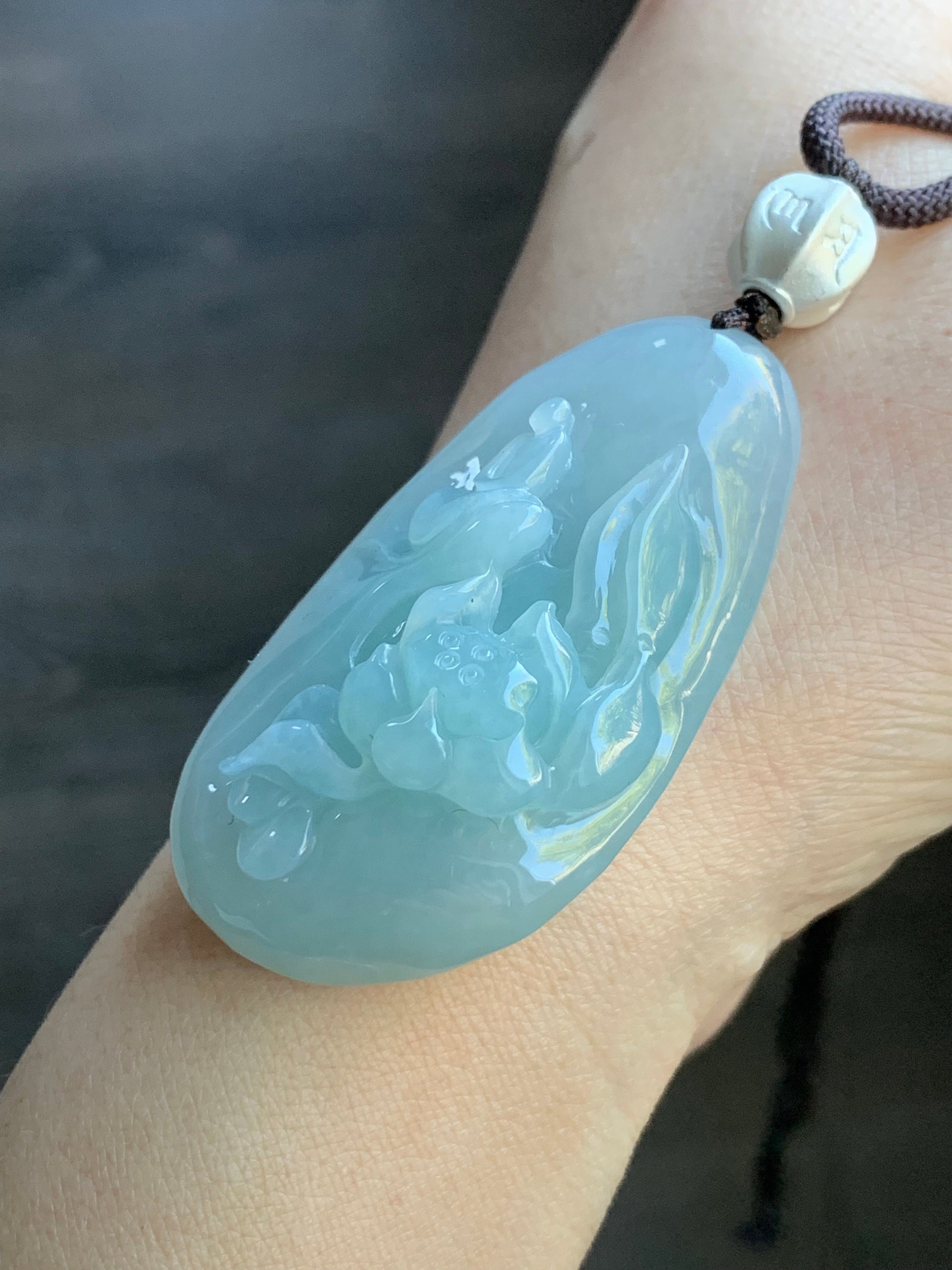 Natural Burmese Icy Translucent Light Blue Jadeite Wu Dao Lotus Flower Enlightenment Pendant Necklace Sterling Silver 33g 天然缅甸冰胶淡蓝翡翠莲花悟道足银吊坠