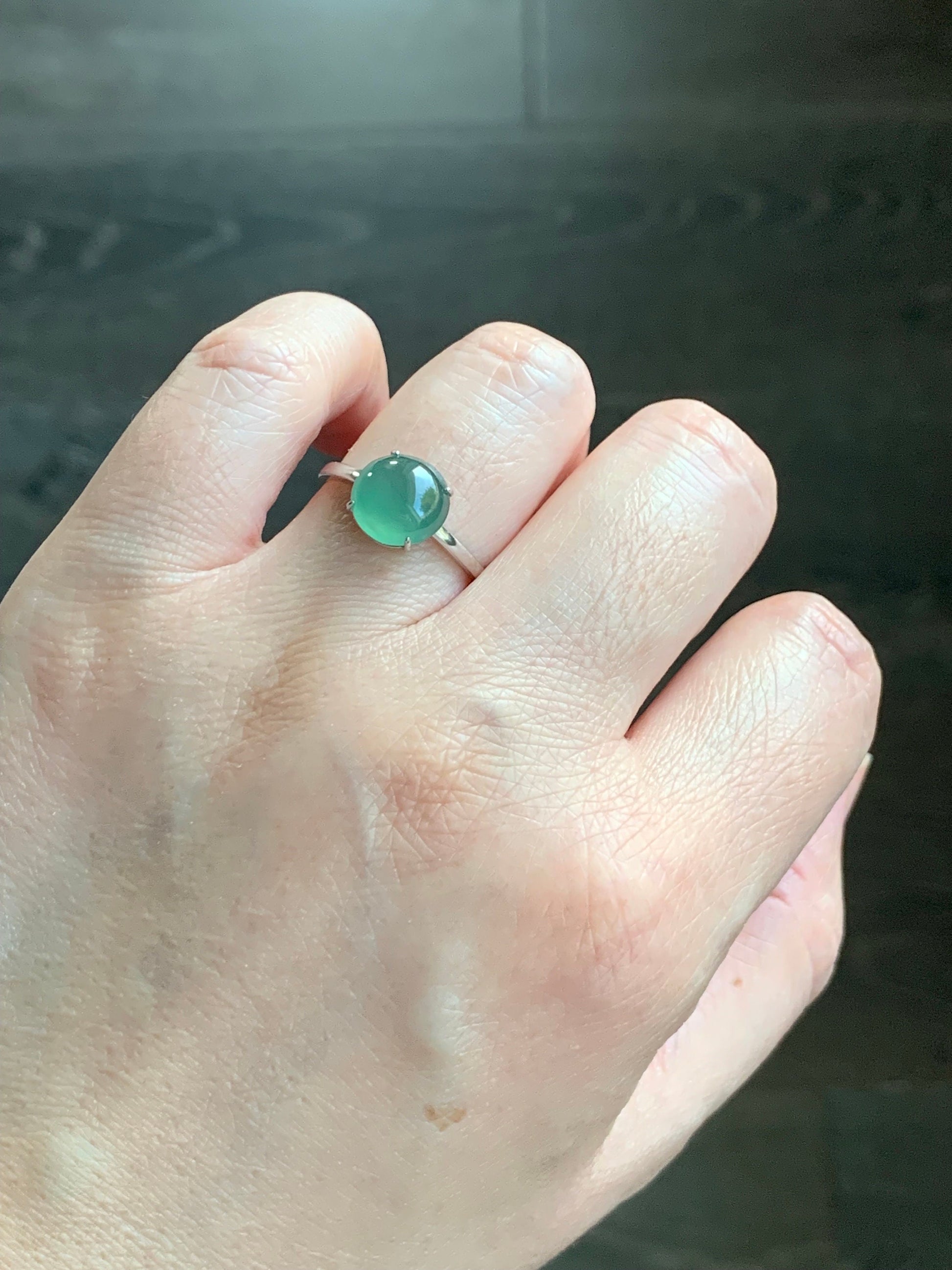 Natural Guatemalan Icy Translucent Gelatinous Light Green Jadeite Solitaire Ring Sterling Silver Size 7 Adjustable 天然冰危淡绿翡翠蛋面银镶戒指 WQX100