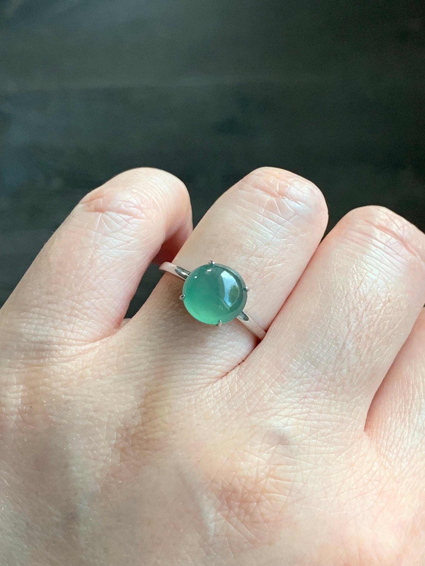 Natural Guatemalan Icy Translucent Gelatinous Light Green Jadeite Solitaire Ring Sterling Silver Size 7 Adjustable 天然冰危淡绿翡翠蛋面银镶戒指 WQX100