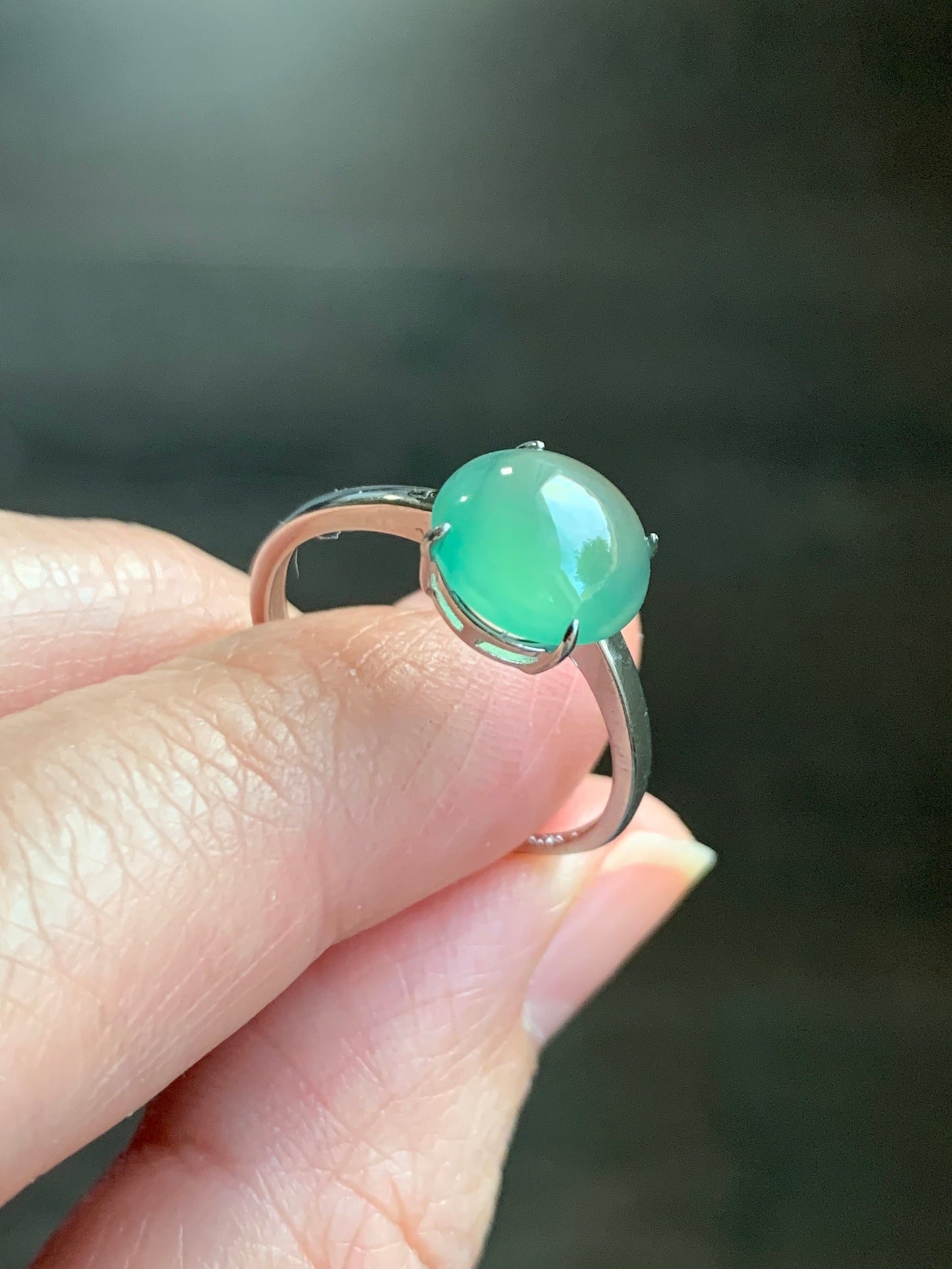 Natural Guatemalan Icy Translucent Gelatinous Light Green Jadeite Solitaire Ring Sterling Silver Size 7 Adjustable 天然冰危淡绿翡翠蛋面银镶戒指 WQX100