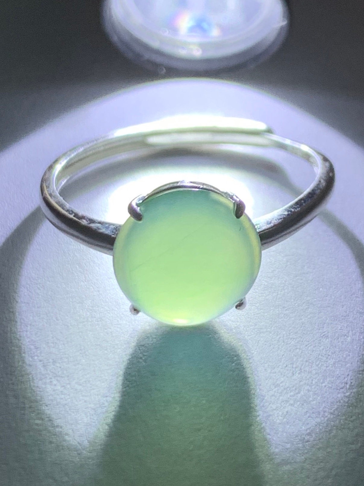 Natural Guatemalan Icy Translucent Gelatinous Light Green Jadeite Solitaire Ring Sterling Silver Size 7 Adjustable 天然冰危淡绿翡翠蛋面银镶戒指 WQX100