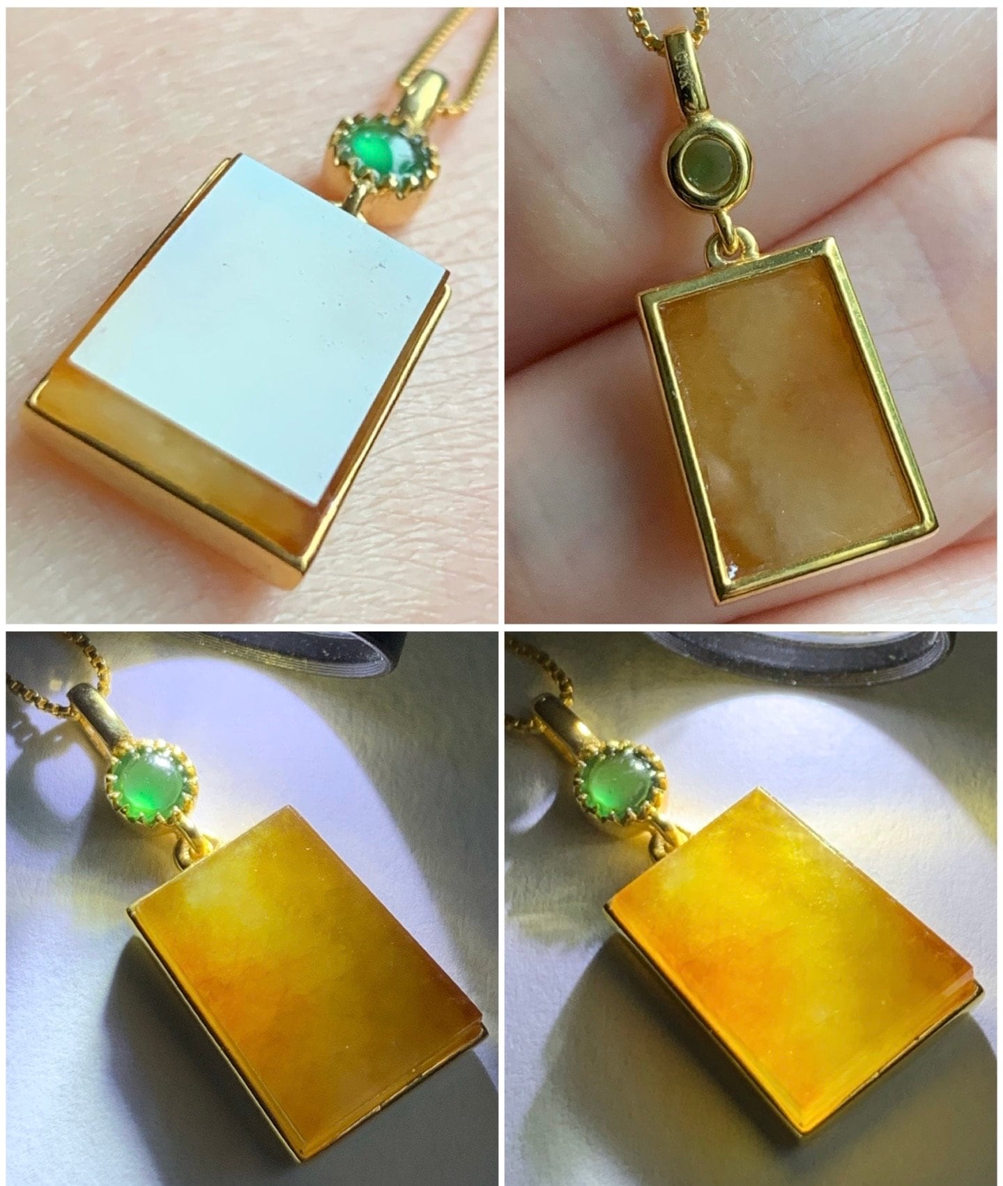 Certified Natural Burmese Icy Translucent Vibrant Yellow Wu Shi Pai Jadeite Trapezoid Shaped Pendant 18K Yellow Gold 天然缅甸起冰油黄翡翠无事牌镶嵌吊坠 3292