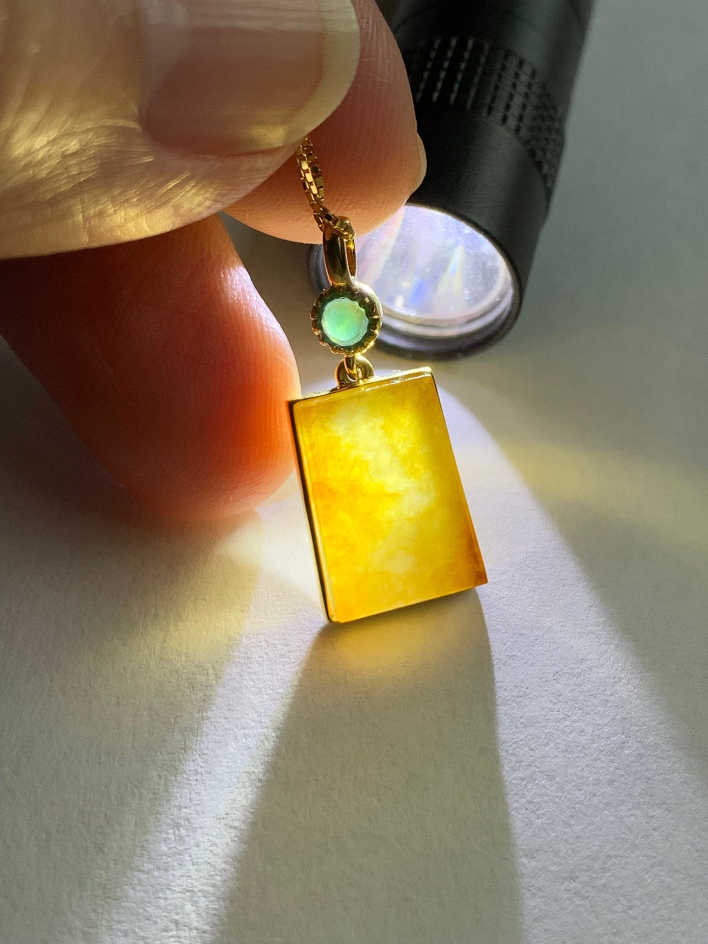 Certified Natural Burmese Icy Translucent Vibrant Yellow Wu Shi Pai Jadeite Trapezoid Shaped Pendant 18K Yellow Gold 天然缅甸起冰油黄翡翠无事牌镶嵌吊坠 3292