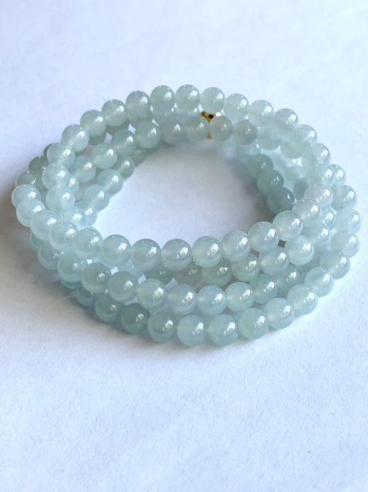 Natural Burmese Icy Translucent Gelatinous Light Blue Jadeite Round Beads Beaded Necklace 6mm 26” 42g 天然缅甸冰胶淡蓝底翡翠圆珠长串项链 DLM221