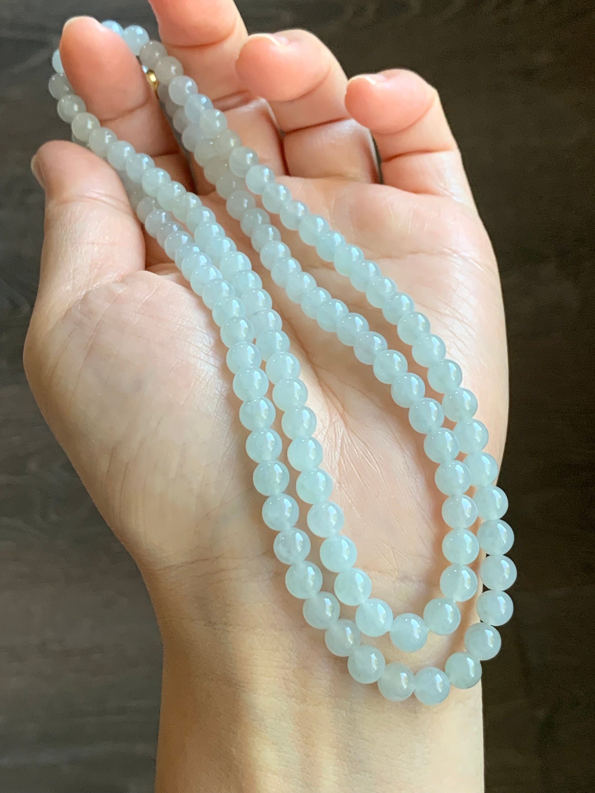 Natural Burmese Icy Translucent Gelatinous Light Blue Jadeite Round Beads Beaded Necklace 6mm 26” 42g 天然缅甸冰胶淡蓝底翡翠圆珠长串项链 DLM221