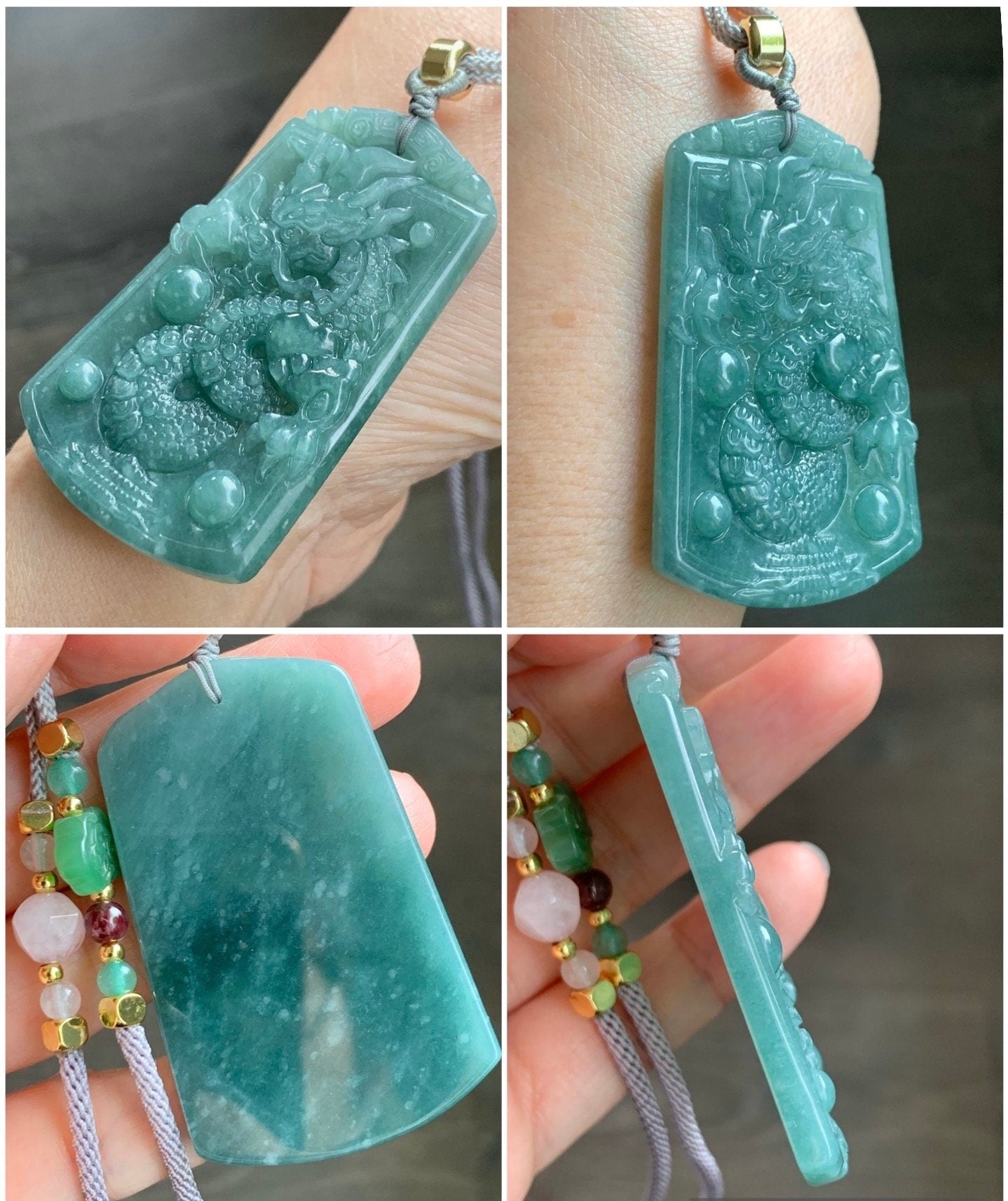 Natural Guatemalan Icy Translucent Dark Teal Green Jadeite Carved Dragon Pendant Rope Necklace 28" Adjustable 32g 天然冰危蓝绿翡翠龙牌吊坠