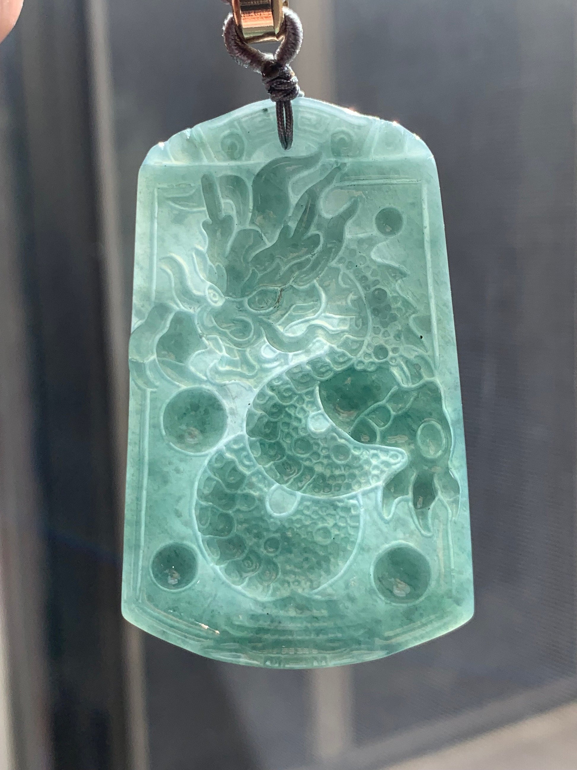 Natural Guatemalan Icy Translucent Dark Teal Green Jadeite Carved Dragon Pendant Rope Necklace 28" Adjustable 32g 天然冰危蓝绿翡翠龙牌吊坠