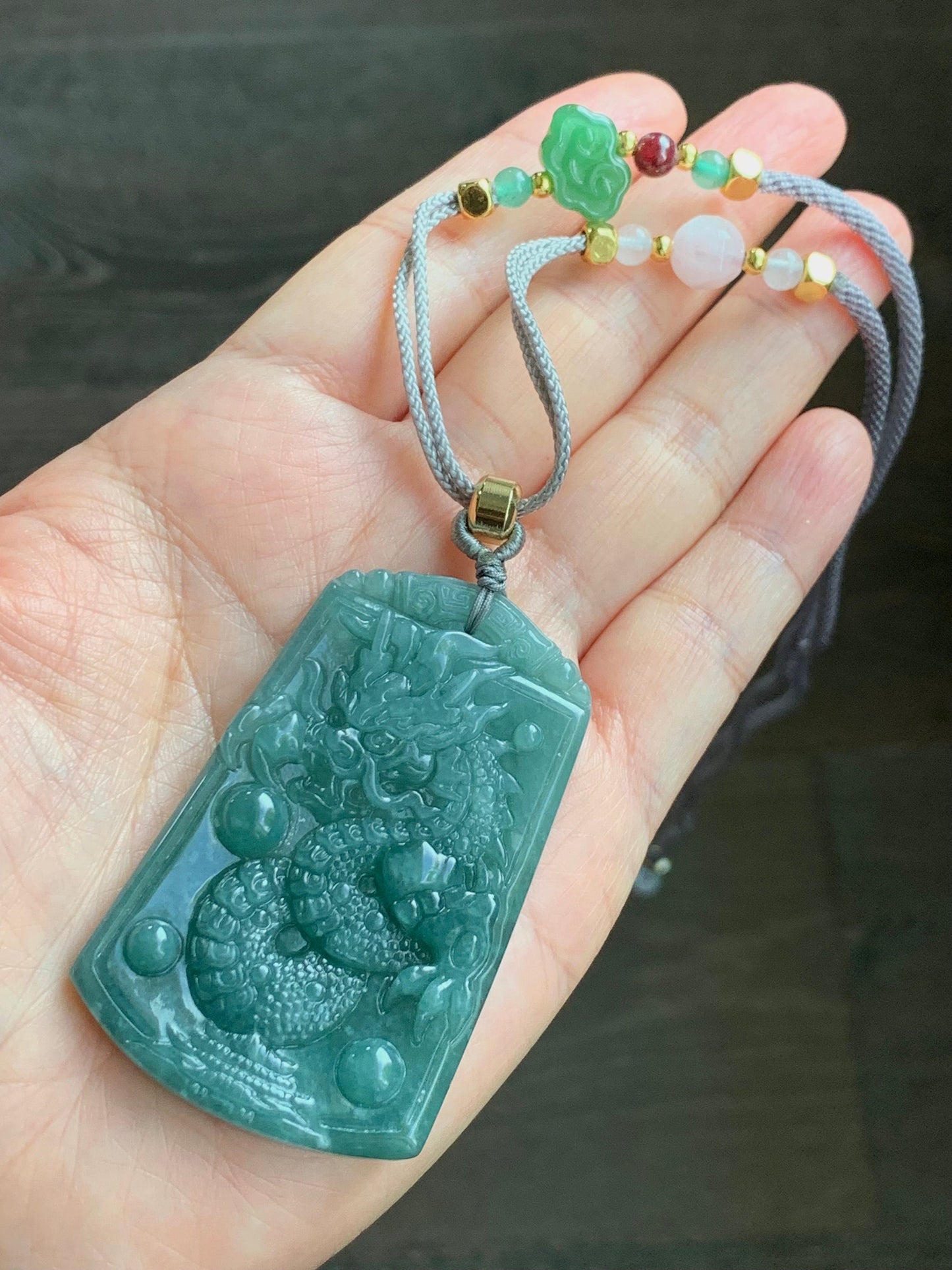 Natural Guatemalan Icy Translucent Dark Teal Green Jadeite Carved Dragon Pendant Rope Necklace 28" Adjustable 32g 天然冰危蓝绿翡翠龙牌吊坠