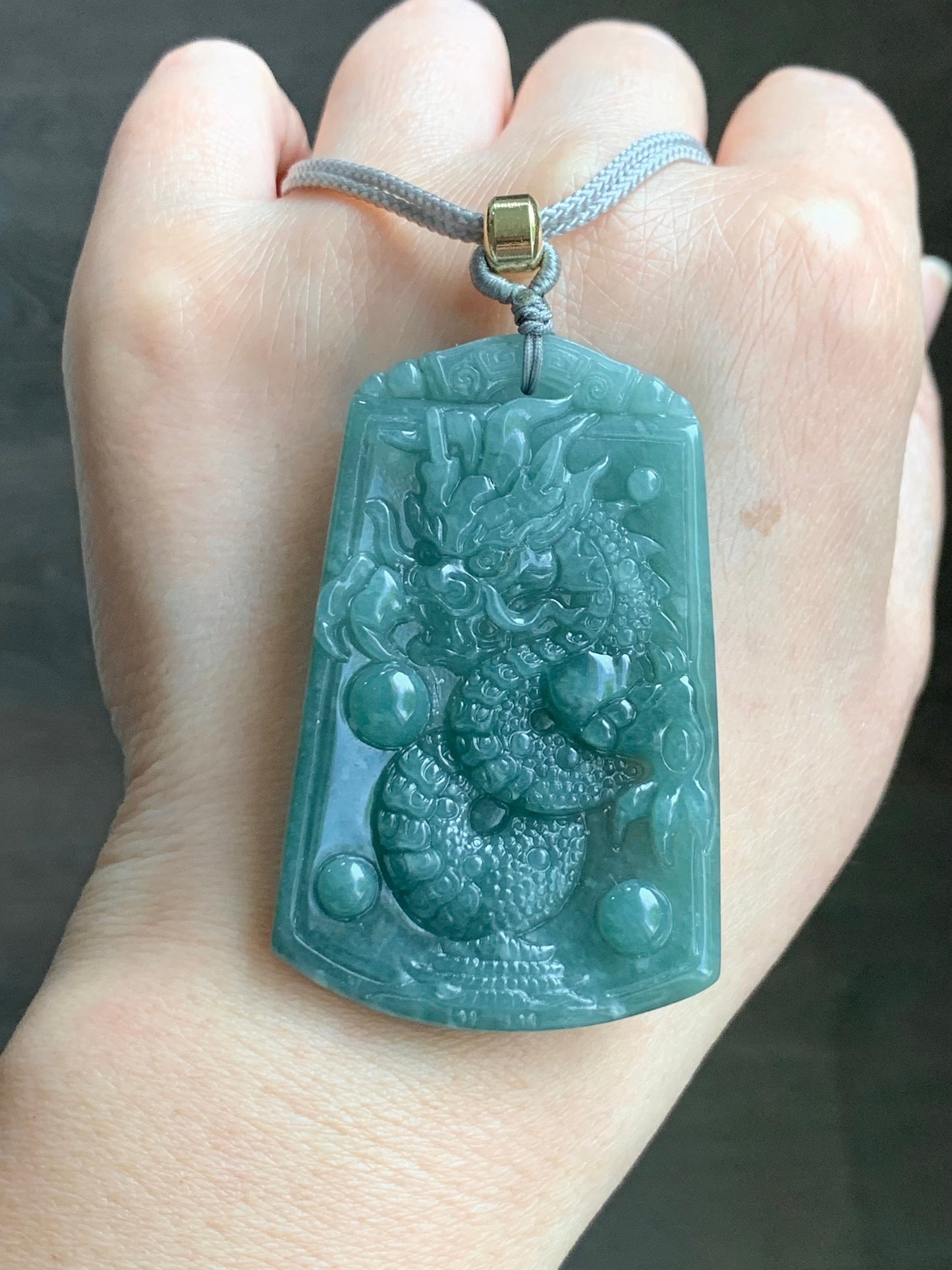 Natural Guatemalan Icy Translucent Dark Teal Green Jadeite Carved Dragon Pendant Rope Necklace 28" Adjustable 32g 天然冰危蓝绿翡翠龙牌吊坠