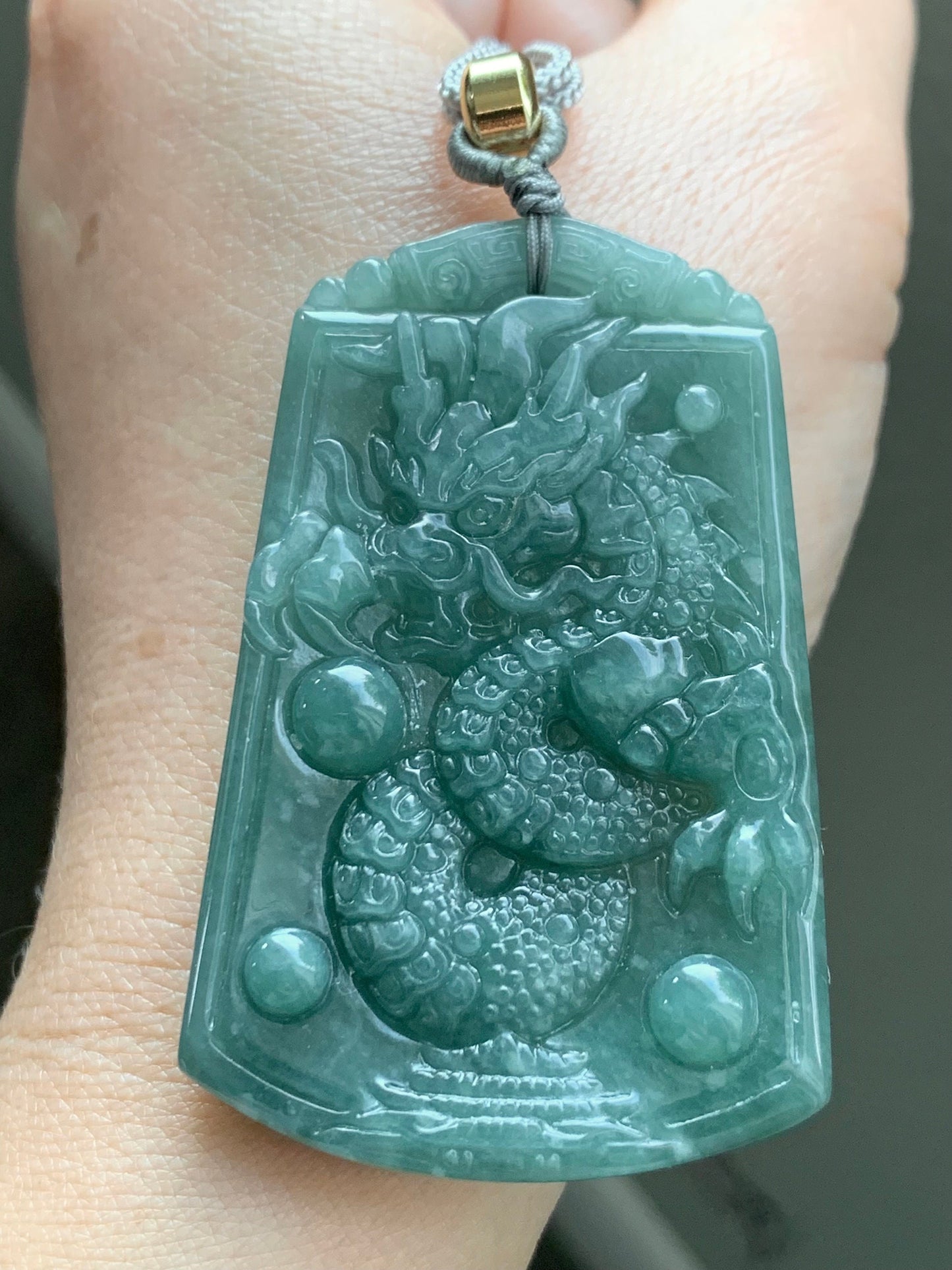 Natural Guatemalan Icy Translucent Dark Teal Green Jadeite Carved Dragon Pendant Rope Necklace 28" Adjustable 32g 天然冰危蓝绿翡翠龙牌吊坠