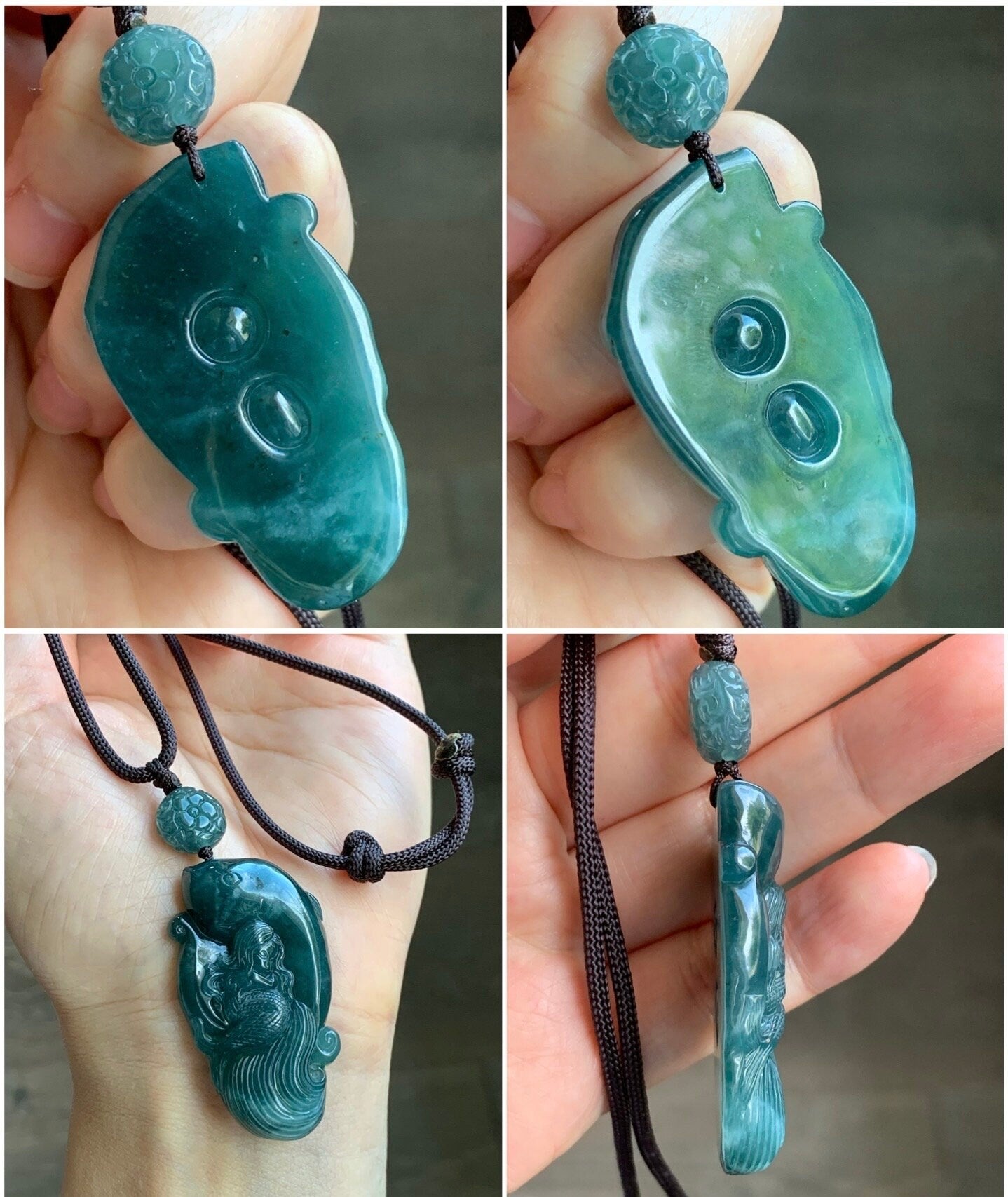 Large Natural Guatemalan Icy Translucent Dark Teal Blue Jadeite Mermaid & Dolphin Carved Pendant Rope Necklace 29” 21g 天然冰危深蓝水翡翠海豚与美人鱼吊坠挂件