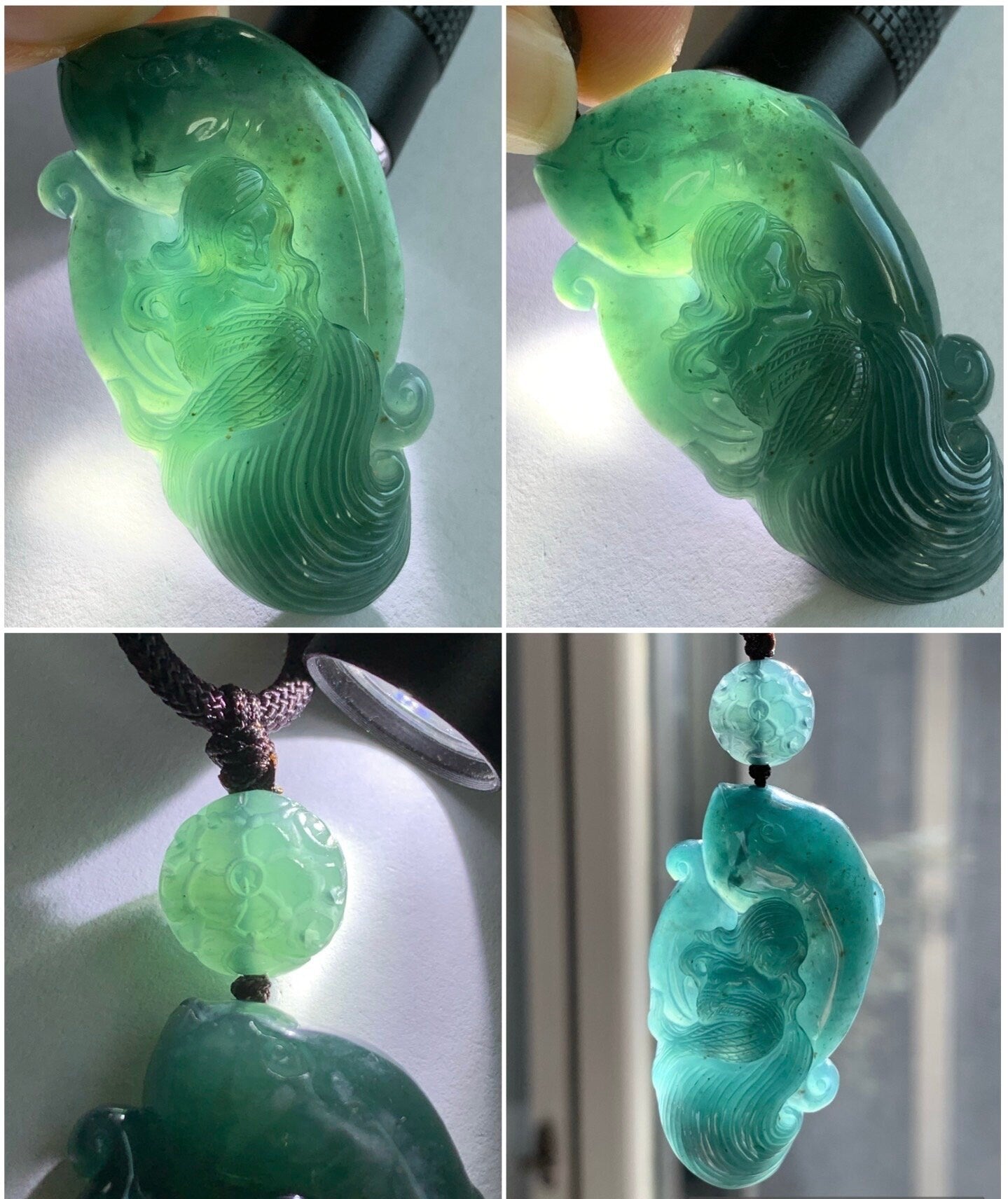 Large Natural Guatemalan Icy Translucent Dark Teal Blue Jadeite Mermaid & Dolphin Carved Pendant Rope Necklace 29” 21g 天然冰危深蓝水翡翠海豚与美人鱼吊坠挂件