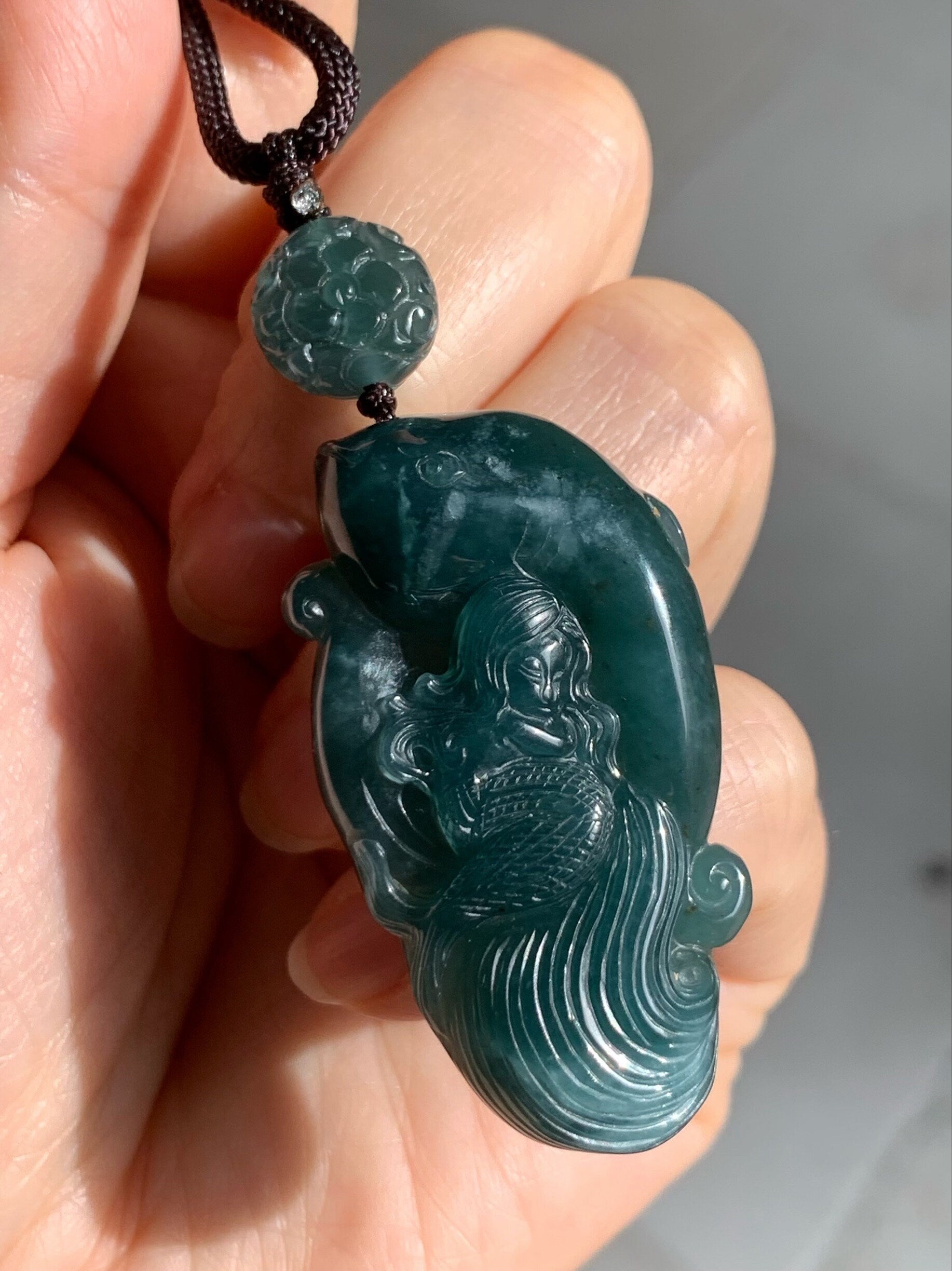 Large Natural Guatemalan Icy Translucent Dark Teal Blue Jadeite Mermaid & Dolphin Carved Pendant Rope Necklace 29” 21g 天然冰危深蓝水翡翠海豚与美人鱼吊坠挂件