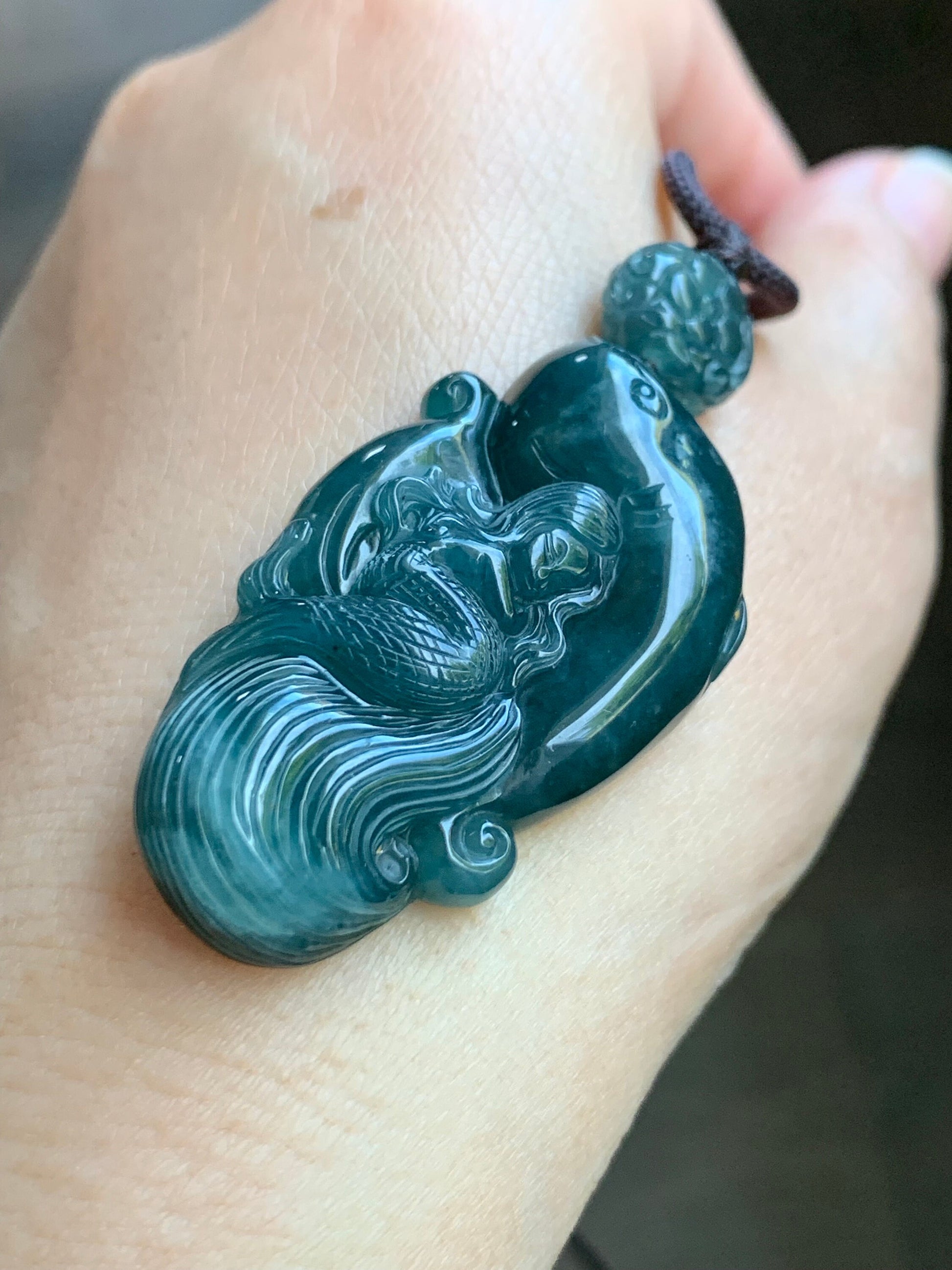 Large Natural Guatemalan Icy Translucent Dark Teal Blue Jadeite Mermaid & Dolphin Carved Pendant Rope Necklace 29” 21g 天然冰危深蓝水翡翠海豚与美人鱼吊坠挂件