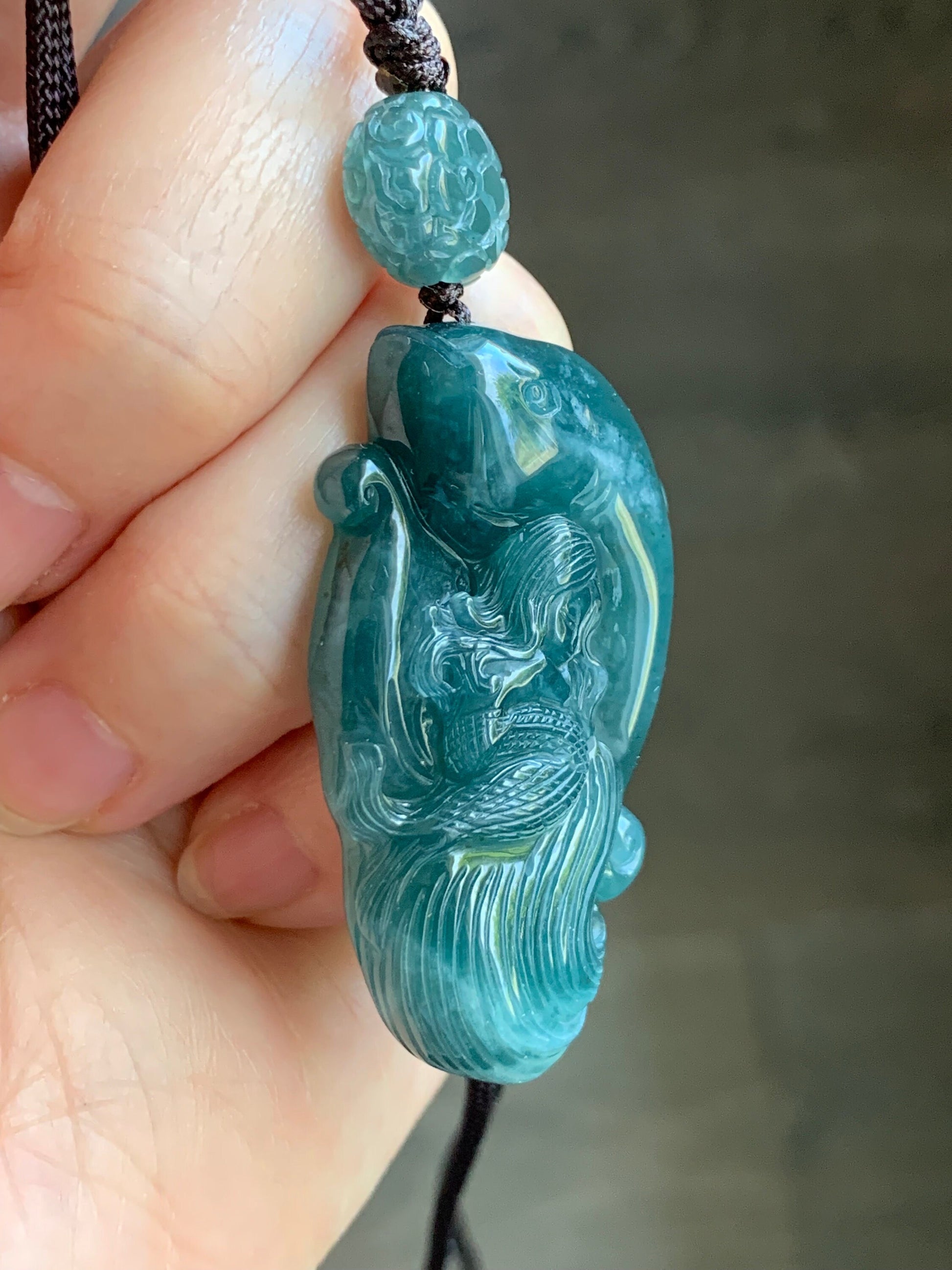 Large Natural Guatemalan Icy Translucent Dark Teal Blue Jadeite Mermaid & Dolphin Carved Pendant Rope Necklace 29” 21g 天然冰危深蓝水翡翠海豚与美人鱼吊坠挂件