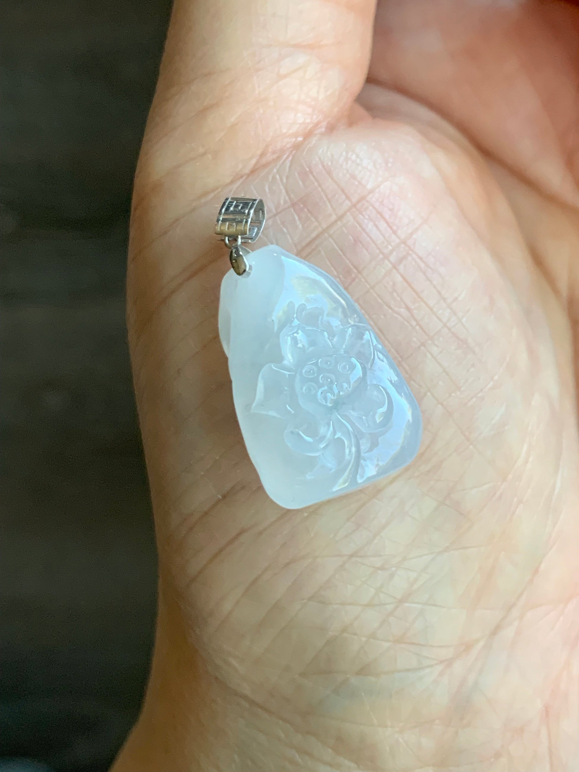 Natural Burmese Premium Icy Translucent Gelatinous White Jadeite Lotus Flower & Koi Fish Pendant 18K White Gold Bail 天然缅甸正冰白冰翡翠莲花鱼镶嵌吊坠