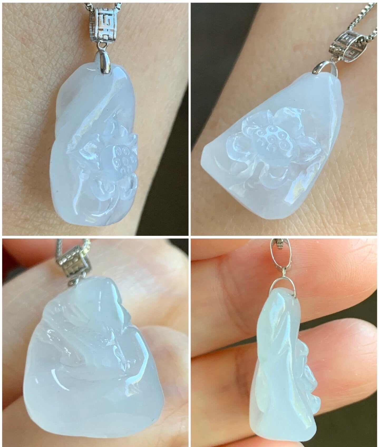 Natural Burmese Premium Icy Translucent Gelatinous White Jadeite Lotus Flower & Koi Fish Pendant 18K White Gold Bail 天然缅甸正冰白冰翡翠莲花鱼镶嵌吊坠