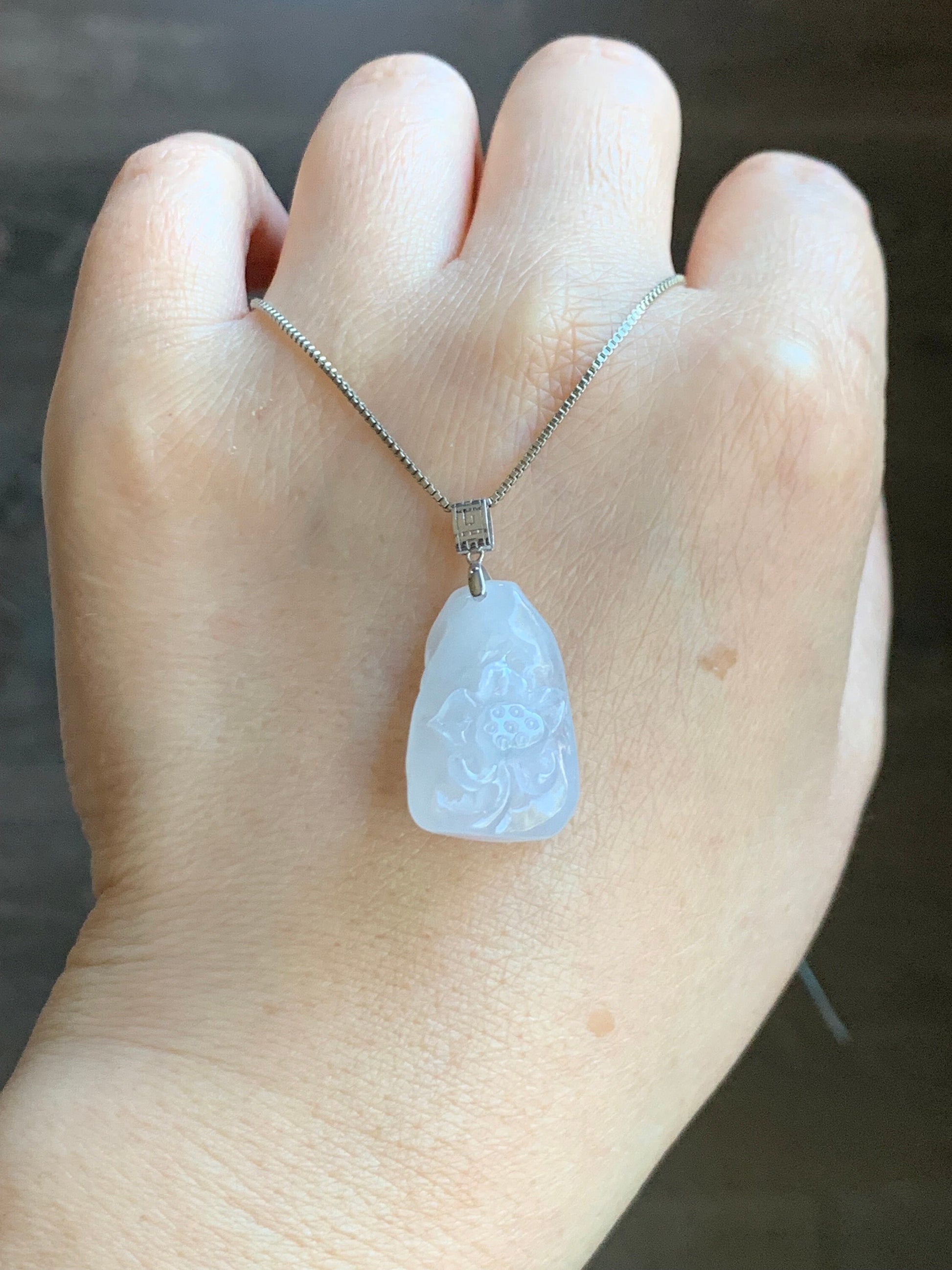 Natural Burmese Premium Icy Translucent Gelatinous White Jadeite Lotus Flower & Koi Fish Pendant 18K White Gold Bail 天然缅甸正冰白冰翡翠莲花鱼镶嵌吊坠