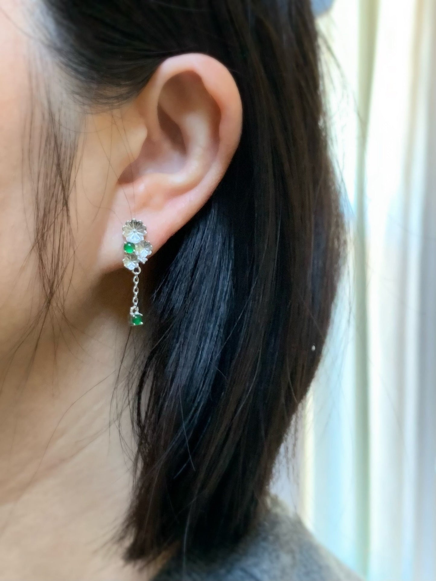 Natural Guatemalan Icy Highly Translucent Vibrant Green Jadeite Floral AB Design Stud Earrings Sterling Silver 天然冰危绿翡翠花花AB款银镶耳钉