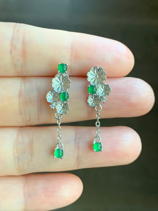 Natural Guatemalan Icy Highly Translucent Vibrant Green Jadeite Floral AB Design Stud Earrings Sterling Silver 天然冰危绿翡翠花花AB款银镶耳钉